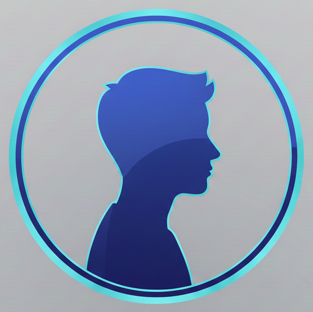 Blue silhouette of a young person's profile within a double circle, on a light gray background.