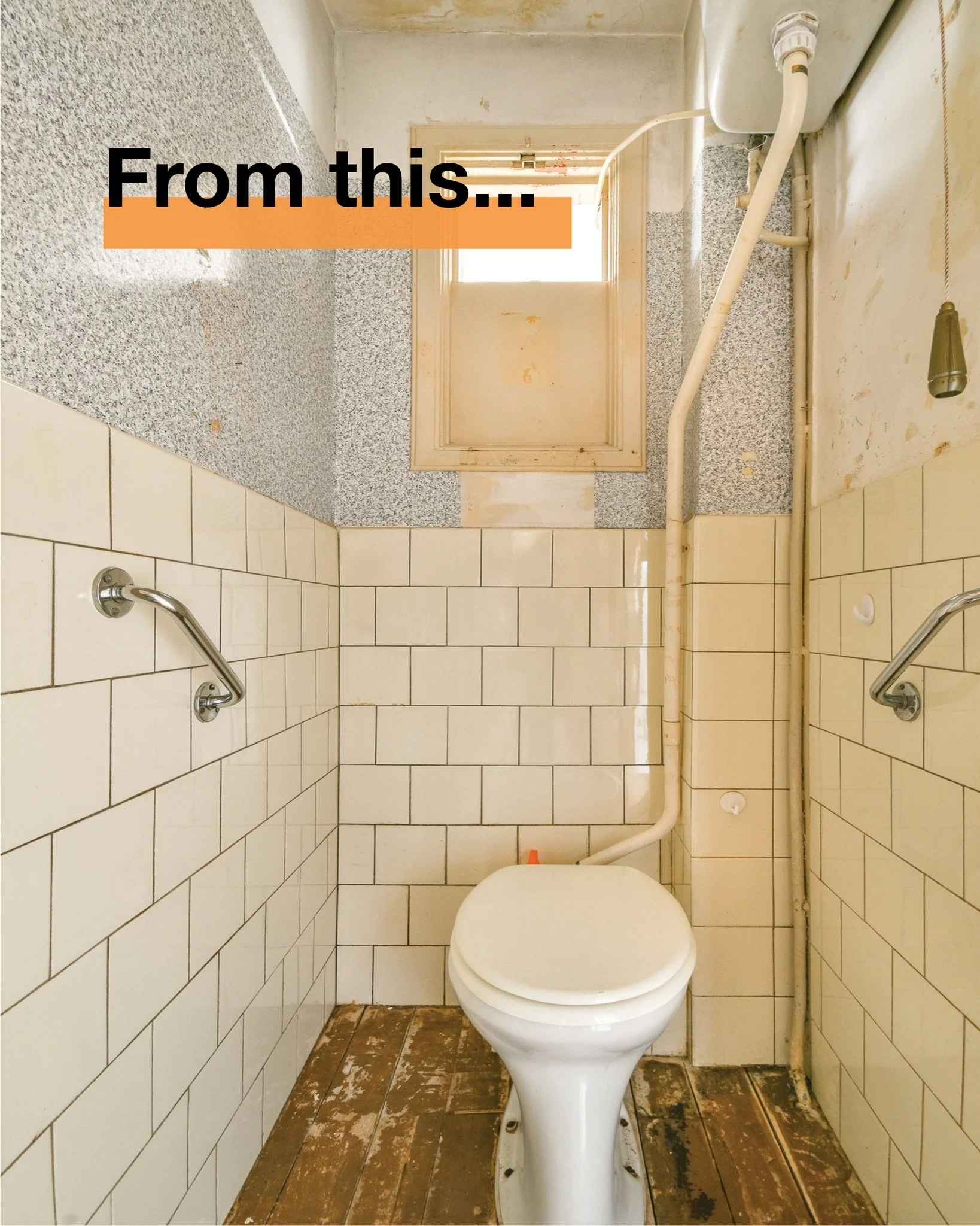 From this&hellip; ➝ To this. ✅

This toilet didn&rsquo;t work:

* really dated
* in the wrong spot
* hard to keep clean 

So we upgraded it with:

* clean tile + warm color
* hidden tank = more space
* better lighting + details 

Clean bathrooms don&