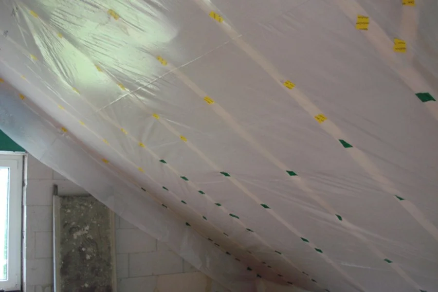 Decke eines Raumes, die mit transparenter Folie und Markierungen für die Spachtelarbeiten vorbereitet ist.