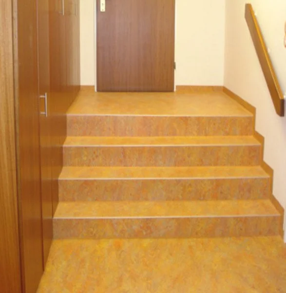 Innenaufnahme eines Flurs mit vier Orangenfarbenen Treppenstufen, einer Holztür am Ende, Holzwand auf der linken Seite und einem Handlauf an der rechten Wand.