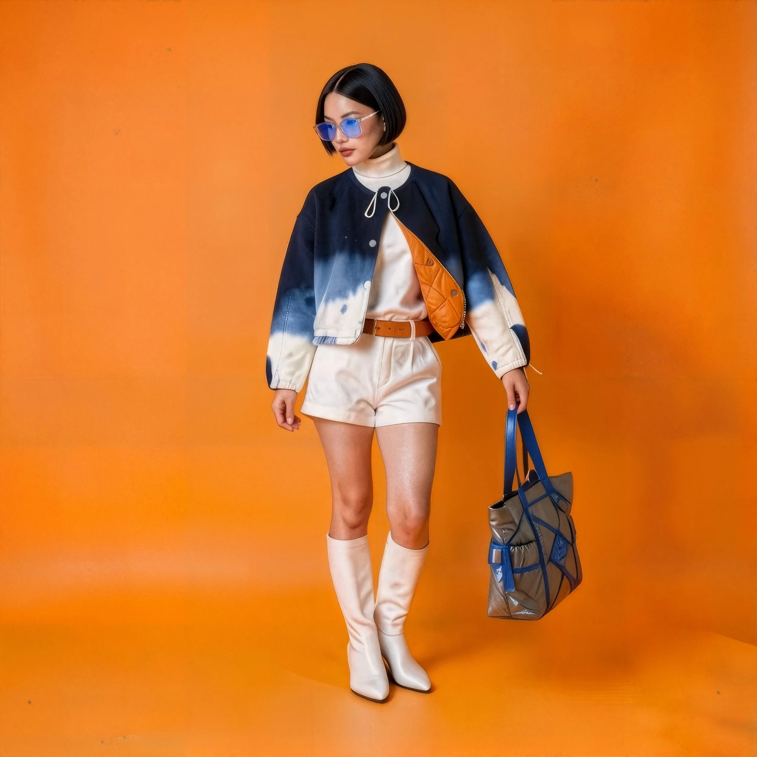 A woman with short black hair wearing blue sunglasses and a tie-dye jacket, cream-colored shorts, knee-high cream boots, holding a large gray and blue tote bag, standing against an orange background.