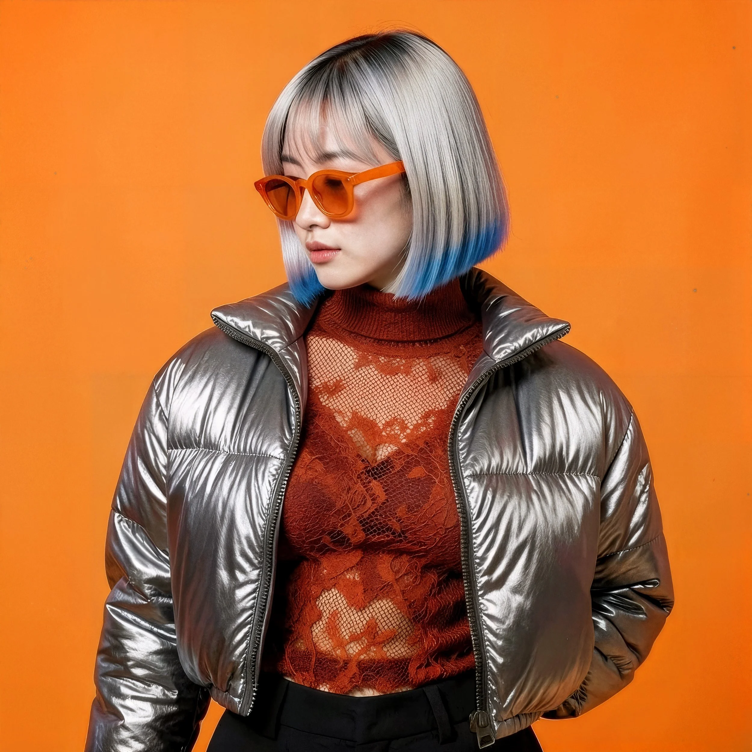 Woman with silver and blue bob haircut wearing orange sunglasses, a red lace top, a metallic puffer jacket, and black pants against an orange background.