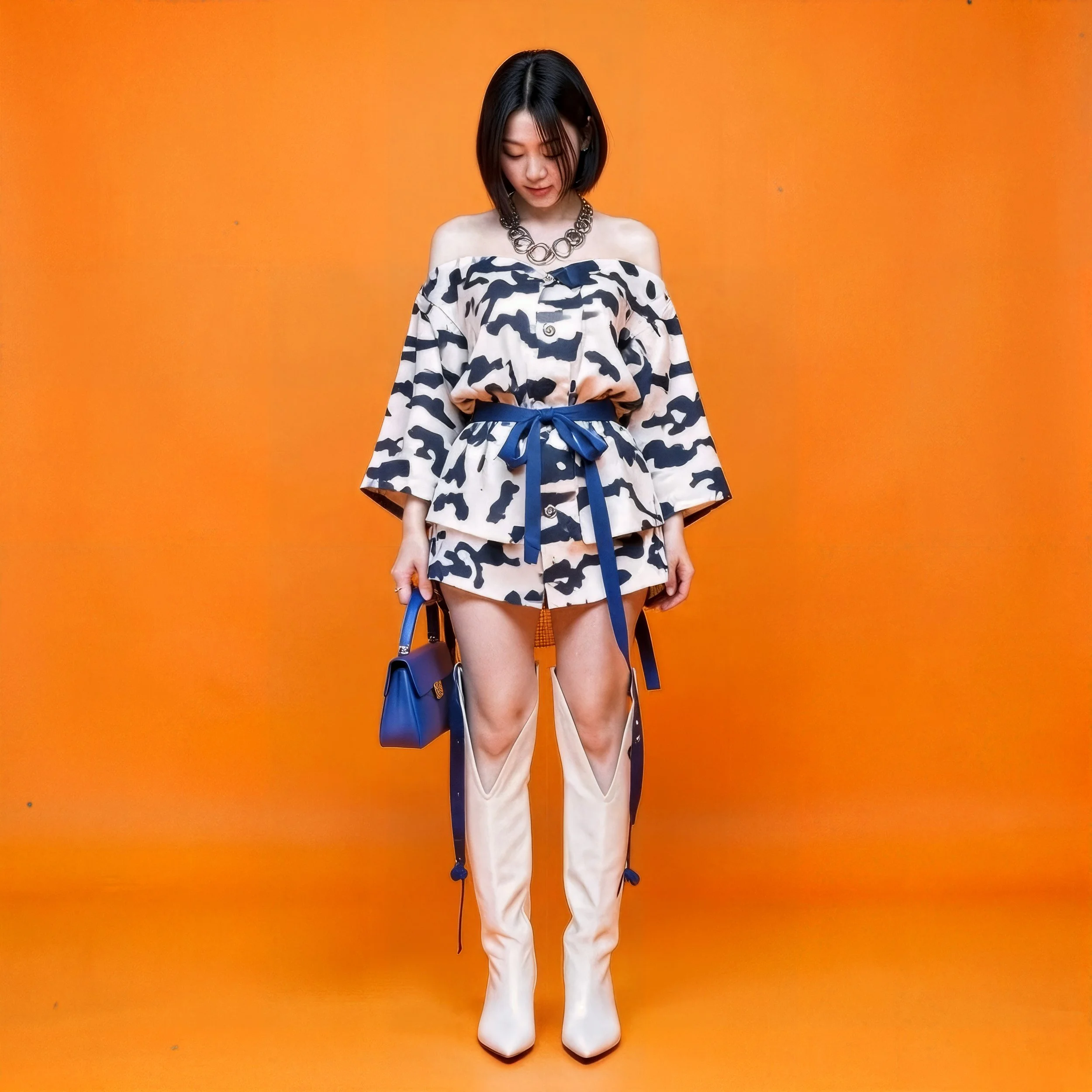 A woman standing against an orange background wearing an off-the-shoulder top and shorts with a black and white abstract pattern, a blue belt, white thigh-high boots, and holding a blue handbag.