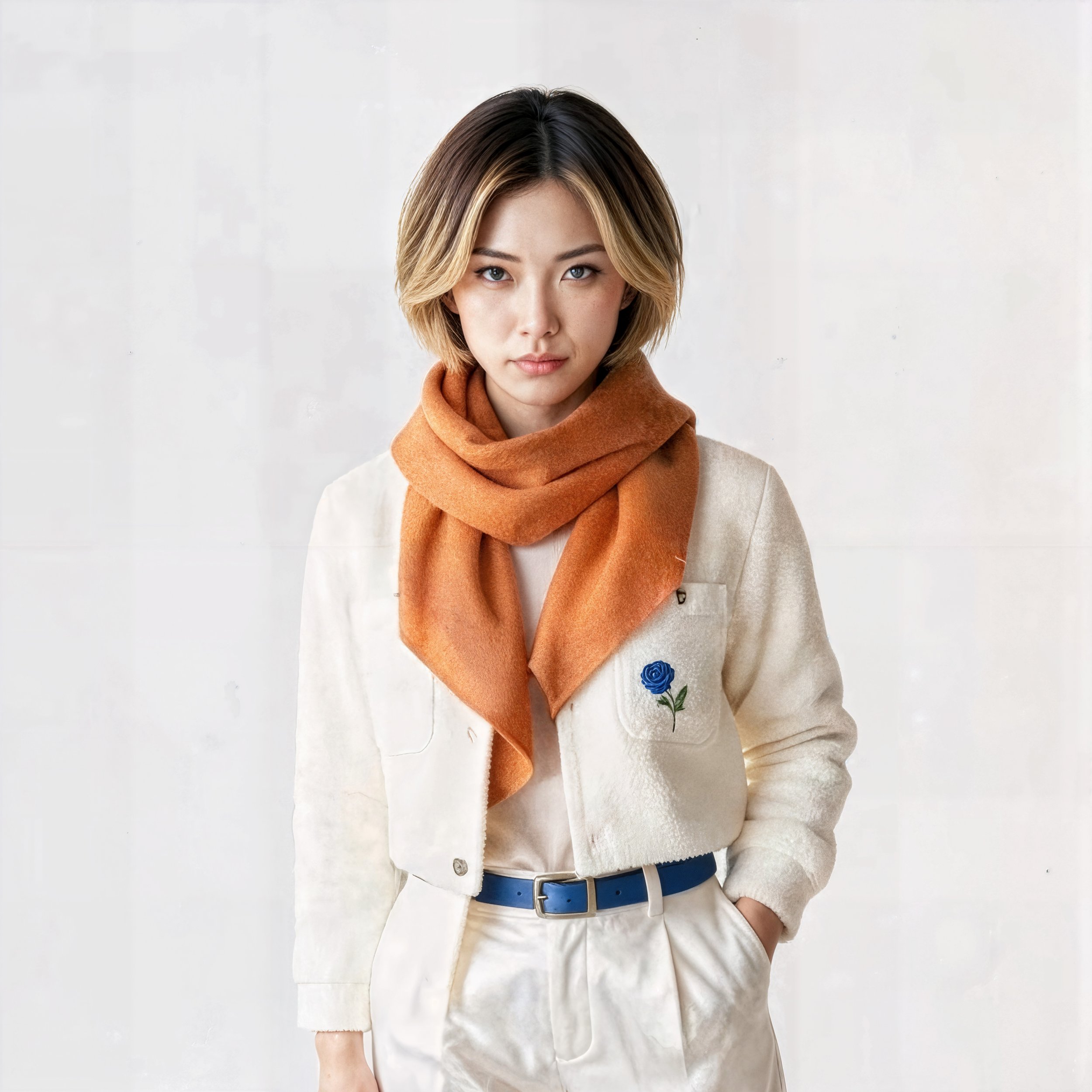 A woman with shoulder-length blond hair and light skin looking at the camera, wearing a cream-colored jacket with a blue embroidered flower, a white shirt, an orange scarf, and white pants with a blue belt, standing against a plain white background.
