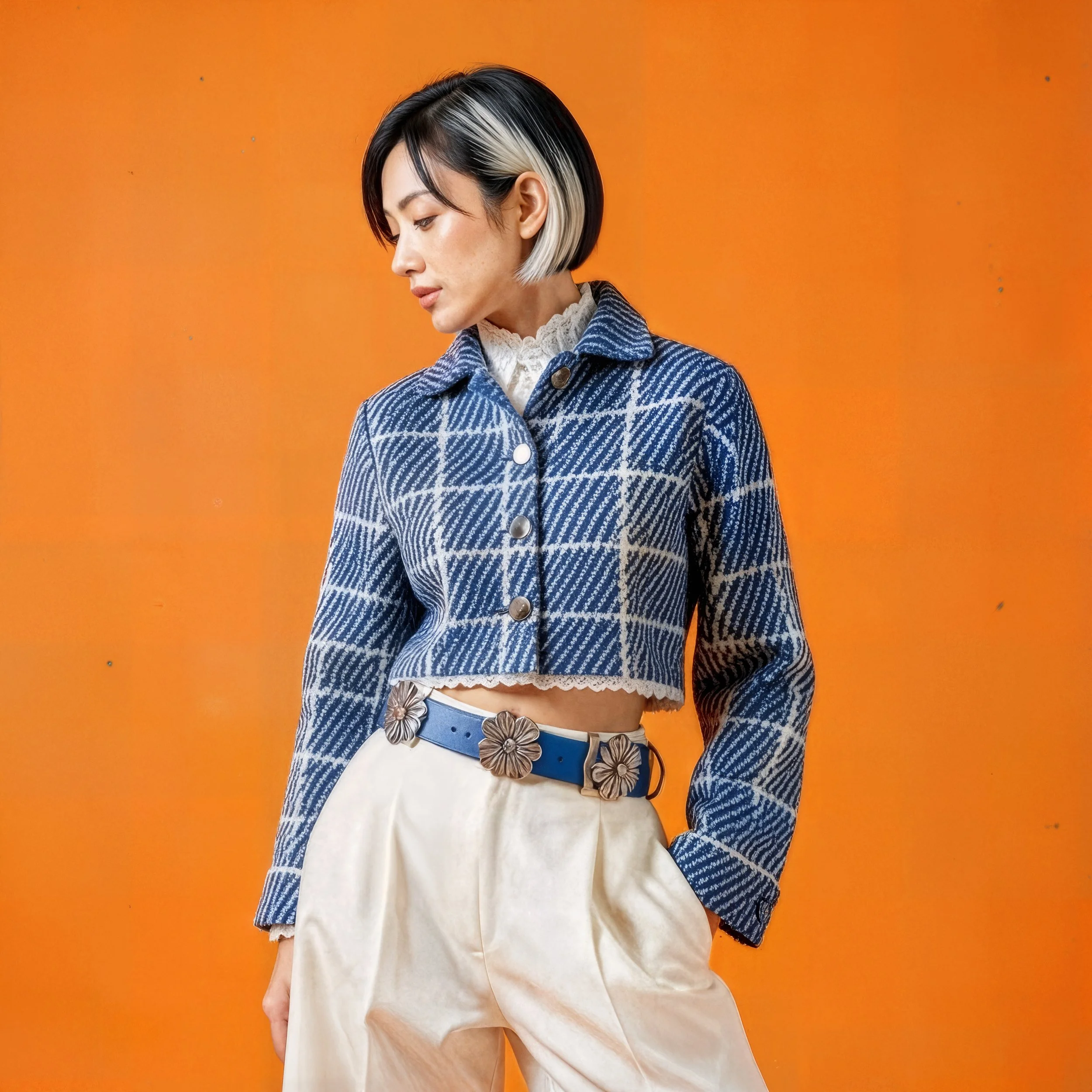 A woman with short black and white hair standing against an orange background, wearing a blue plaid cropped jacket, beige high-waisted pants, and a blue belt with flower decorations.