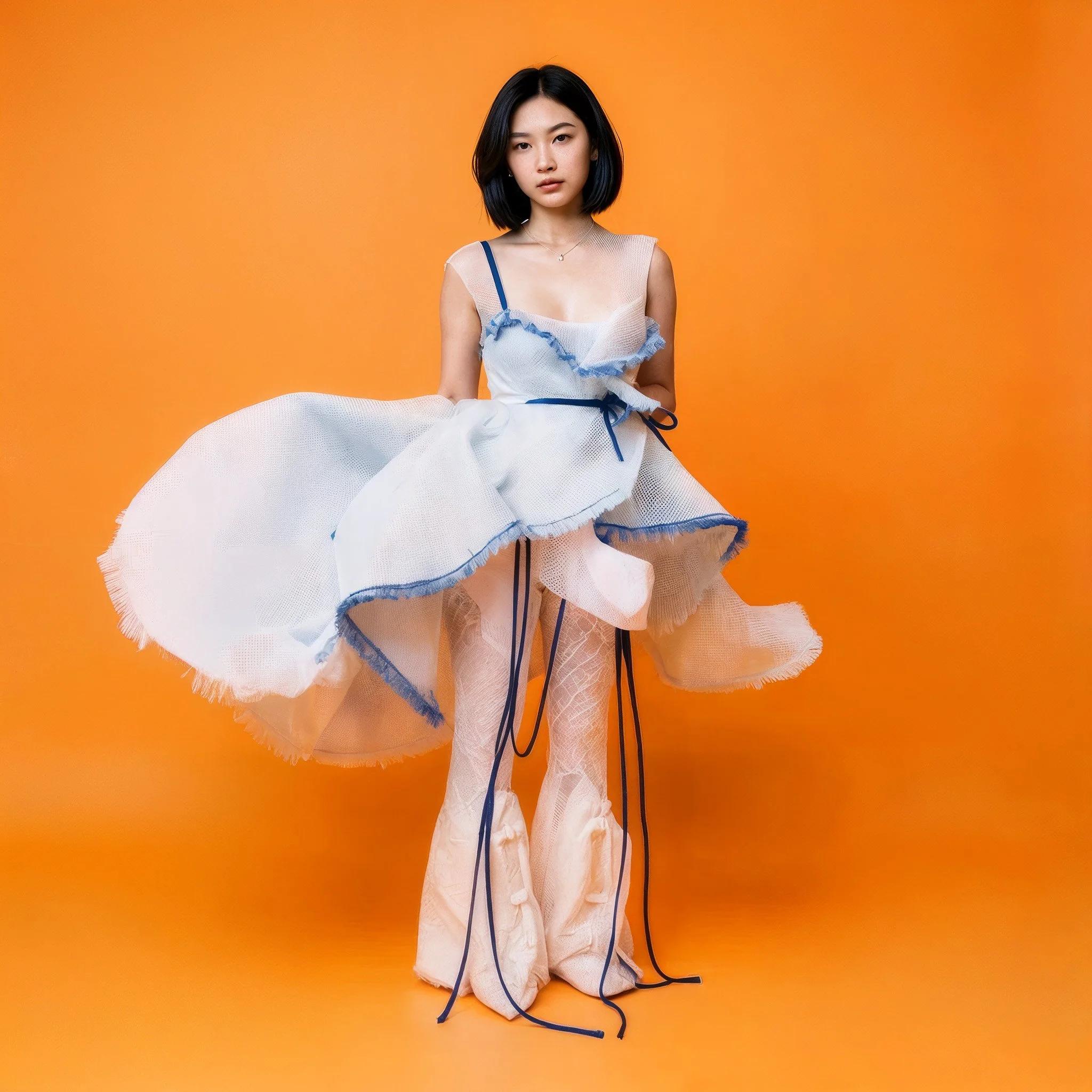 Young woman with short black hair in a sleeveless, layered, blue and white dress with blue accents, standing against an orange background.