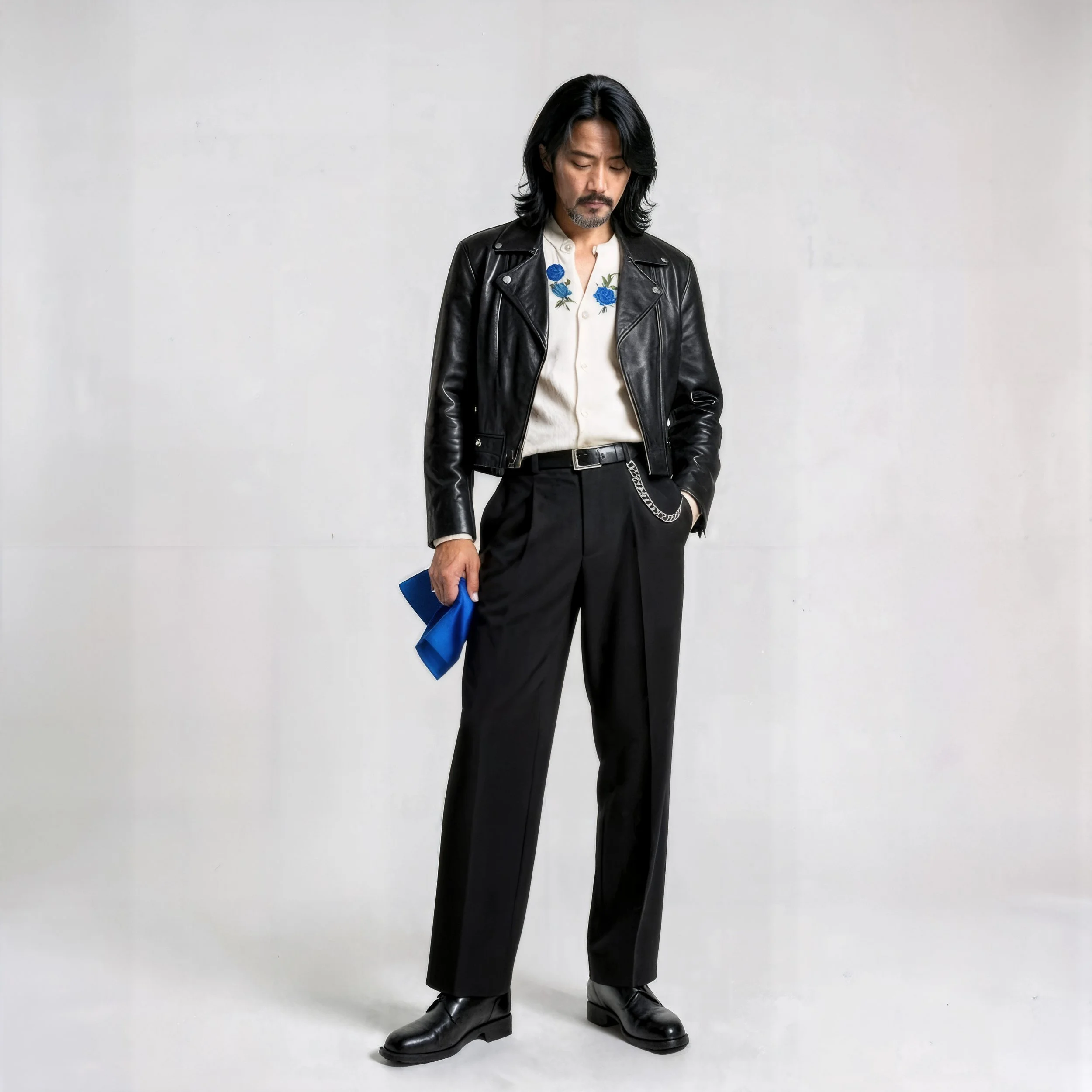 A man with shoulder-length black hair and a beard wearing a black leather jacket, cream shirt with floral embroidery, black trousers with a chain belt, black boots, holding a blue clutch, standing against a plain white background.