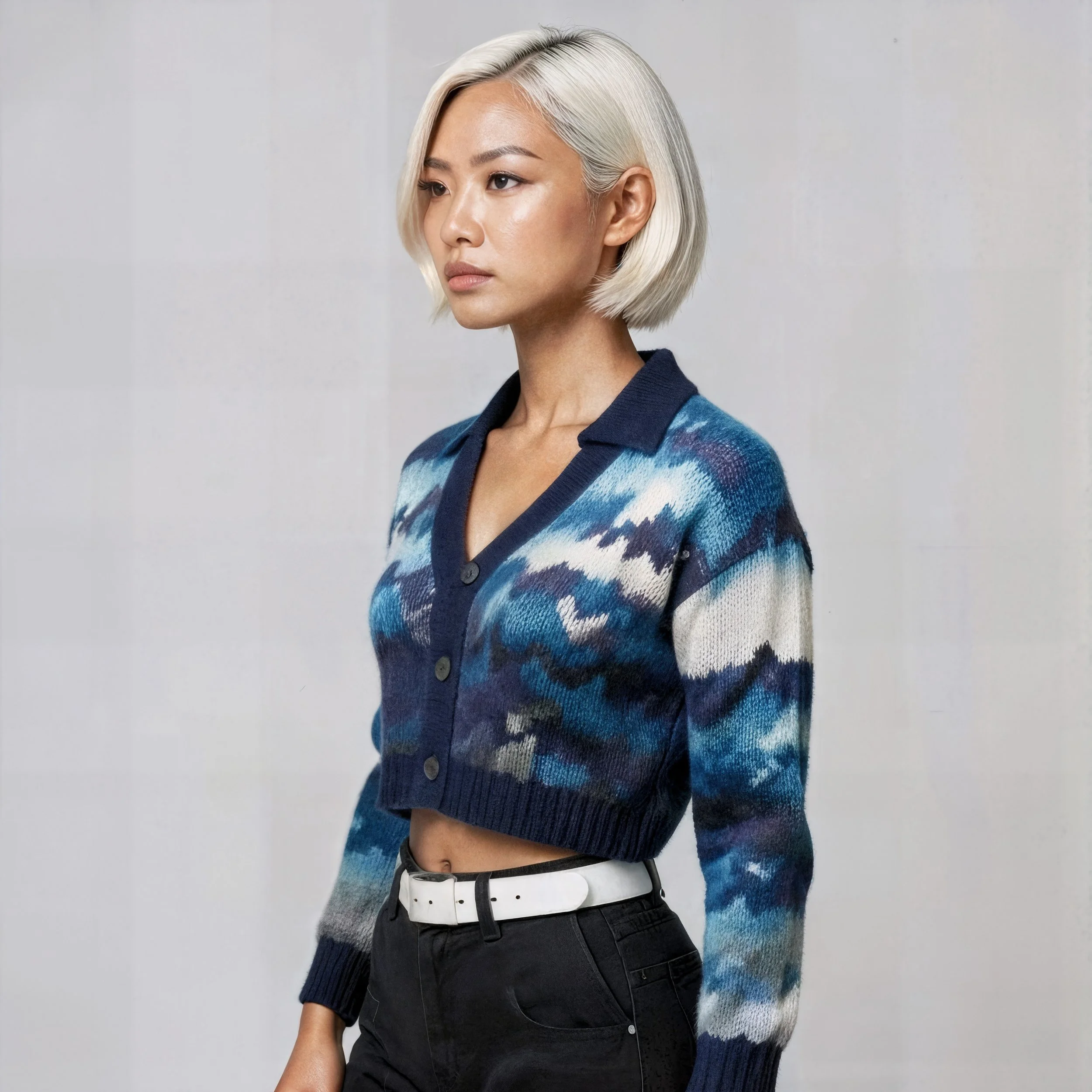 Young woman with platinum blonde bob haircut wearing a blue patterned cardigan and black pants, standing against a plain background.
