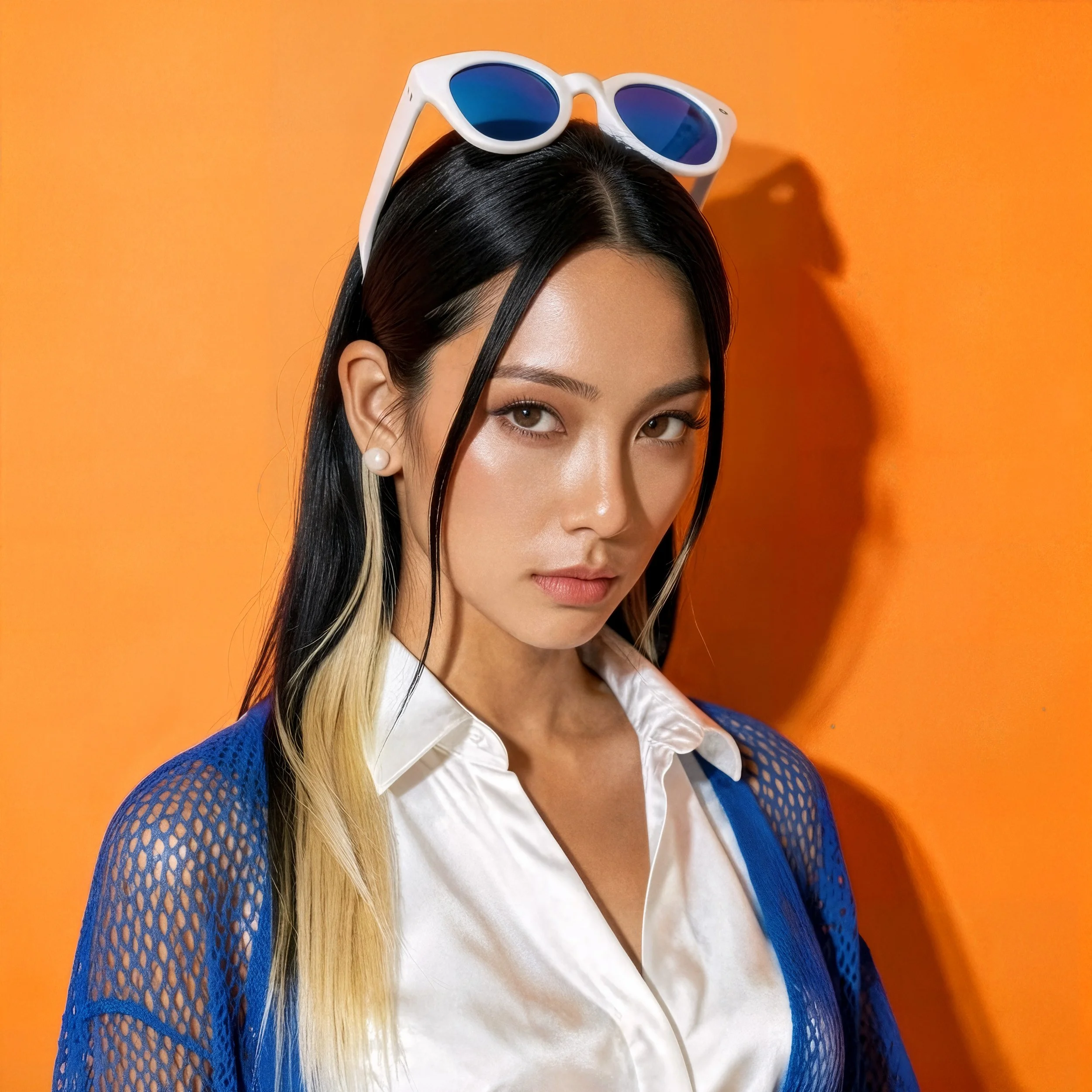 A woman with black and blonde hair wearing a white shirt, blue mesh cover-up, pearl earrings, and sunglasses on her head, standing against an orange background.