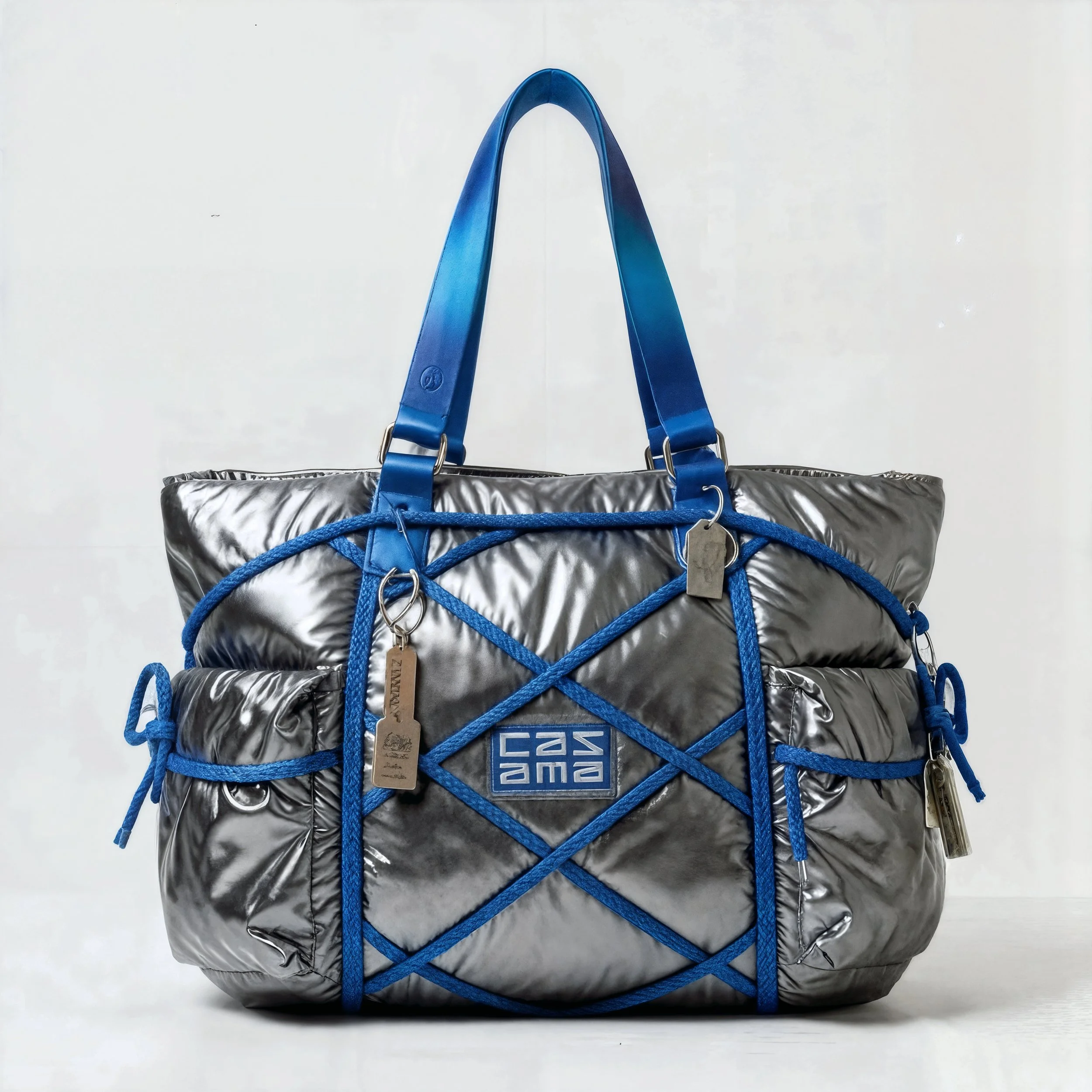 A metallic silver duffel bag with blue straps and cord, featuring multiple exterior pockets, tags, and the 