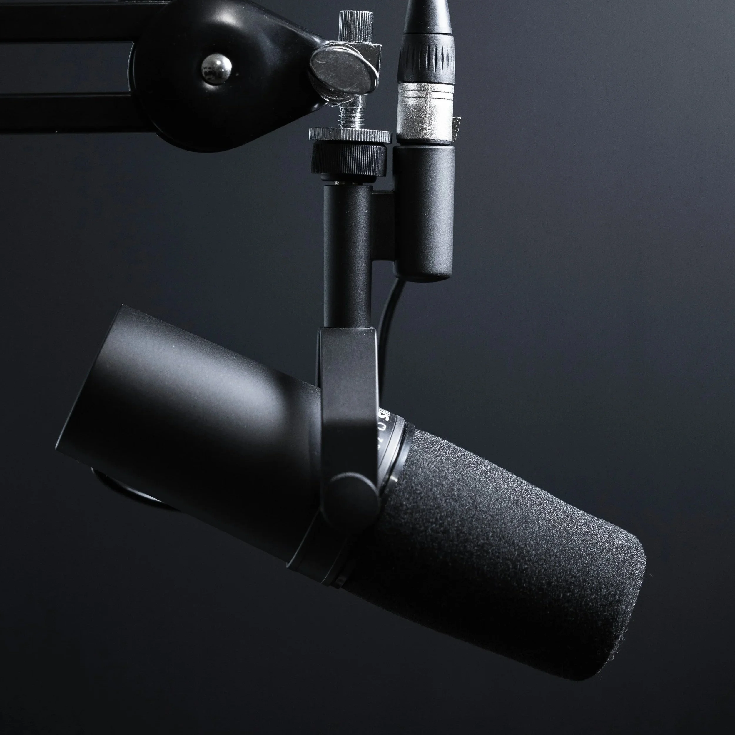 Close-up of a professional microphone mounted on a stand against a dark background.