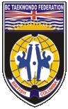 Badge of the BC Taekwondo Federation featuring a globe, a taekwondo figure, and Tae Kwon Do symbols with a banner that says 'Champion Spirit'.