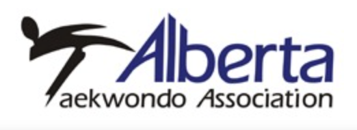 Logo of the Alberta Taekwondo Association featuring a stylized figure performing a kick and the organization name.
