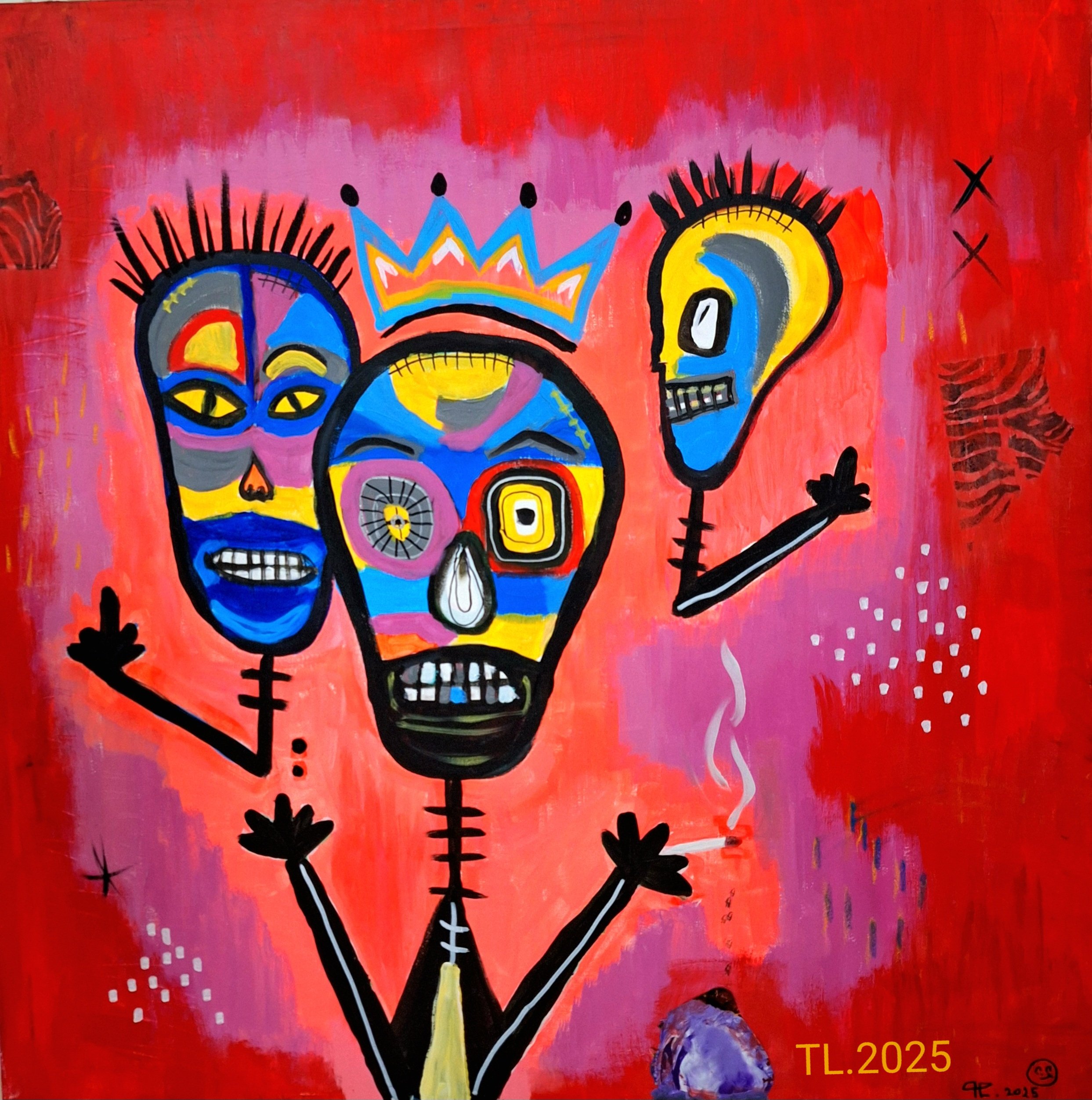 “Crowned Chaos – Trio Skull Portrait by Tleonardi (TL.2025)” mixed media on canvas 80x80 cm