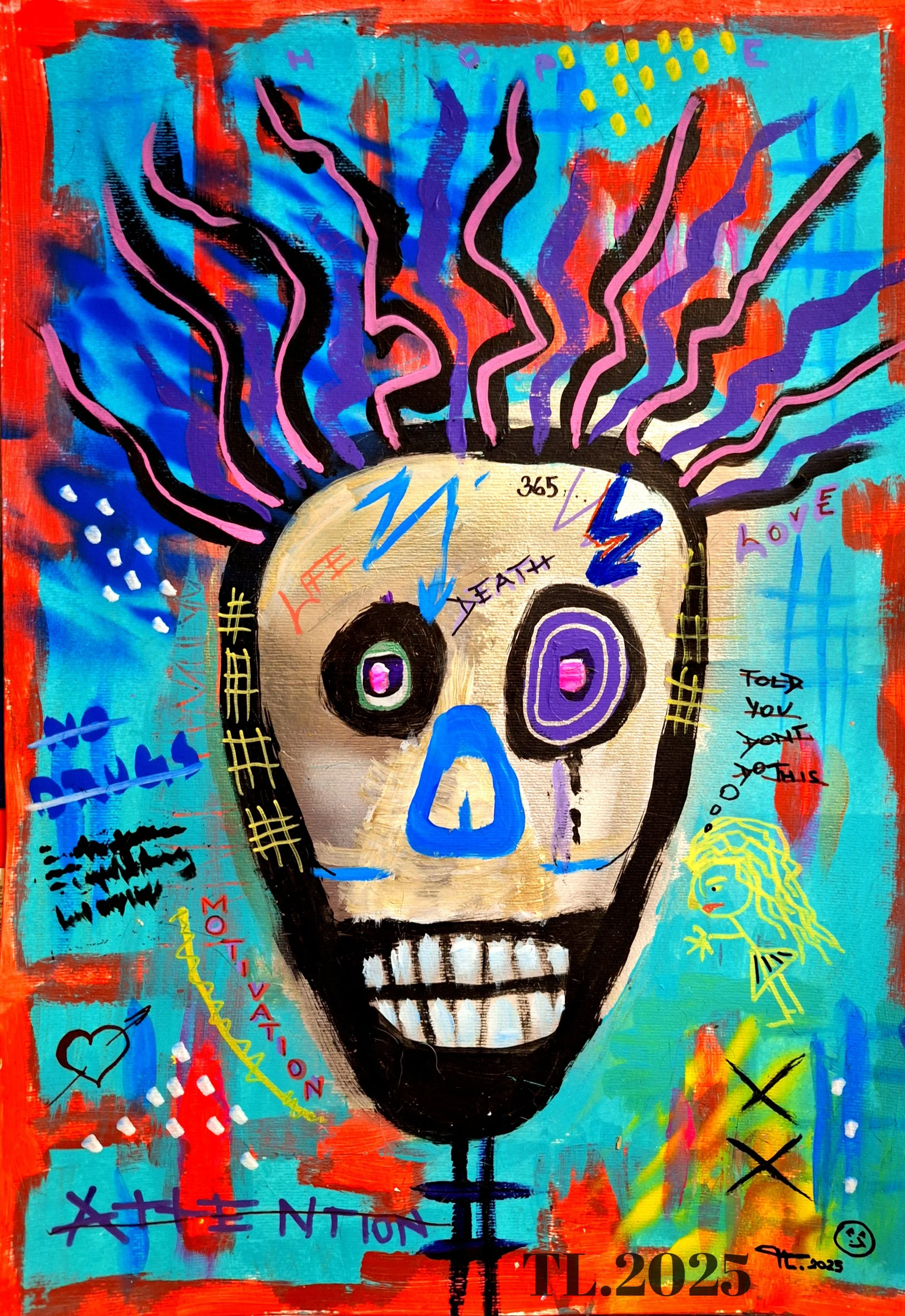 “Skull of Contrasts – mixed media on paper  42x61 cm