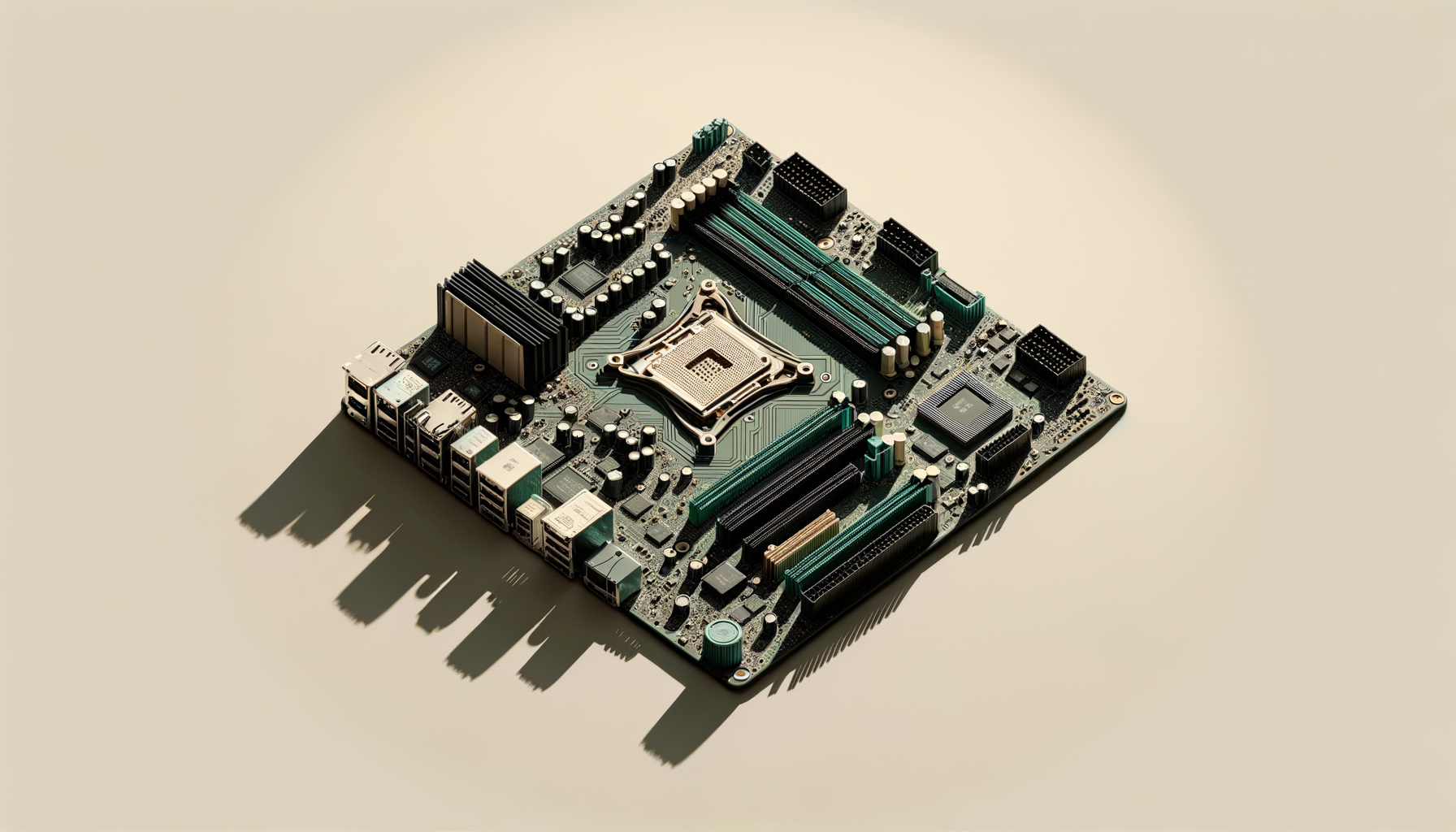 A computer motherboard lying on a light-colored surface with shadow cast to the left.