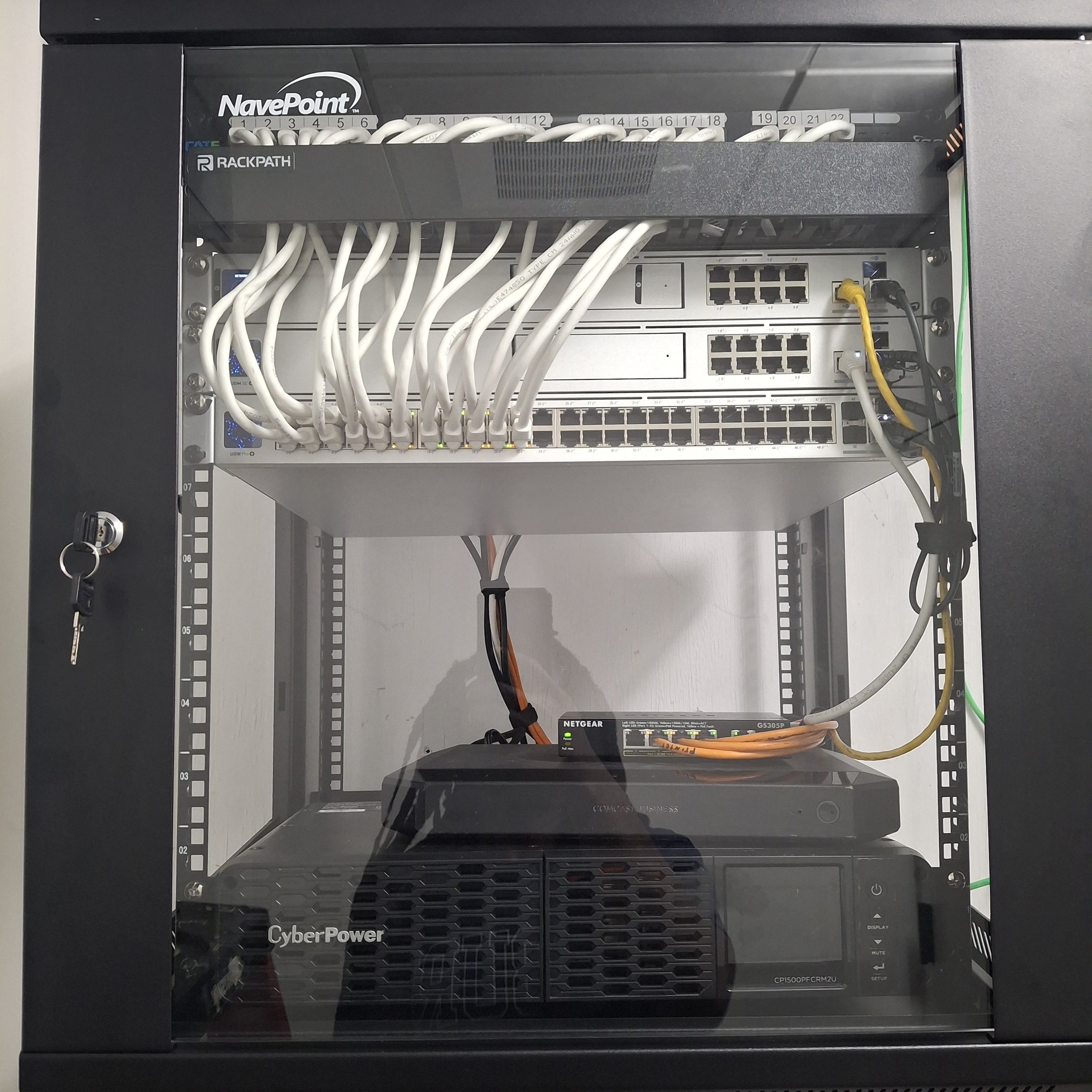 Inside a network server rack with white cables, switches, and a CyberPower power supply unit.