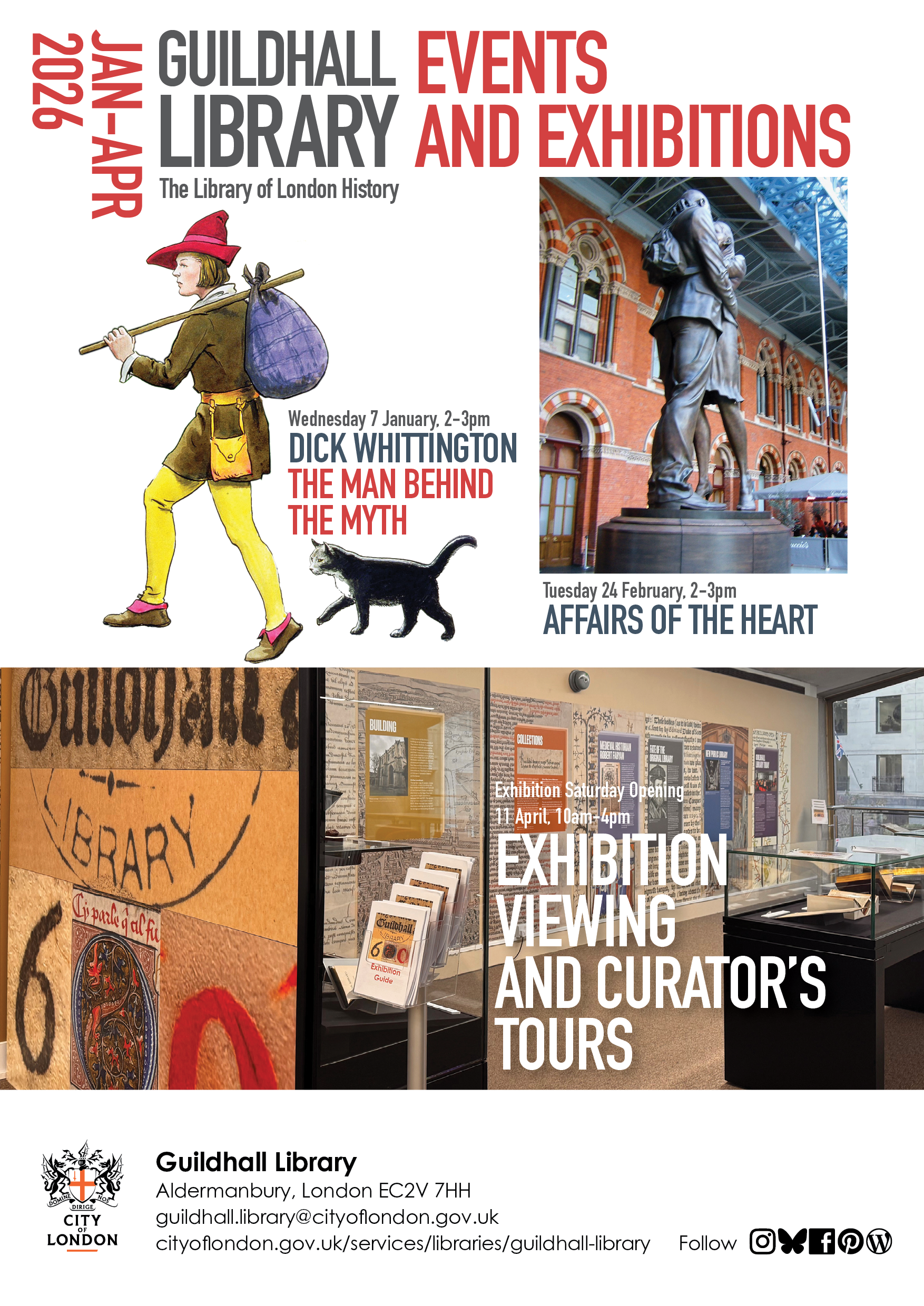 Flyer for Guildhall Library events and exhibitions, featuring event schedules, dates, and images of library exhibits and artwork.