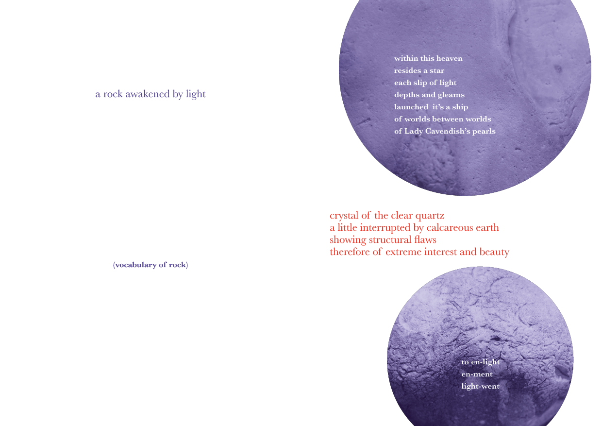 A poetic layout featuring two purple-colored rock images with accompanying text about rocks and geology, including definitions and descriptive phrases.