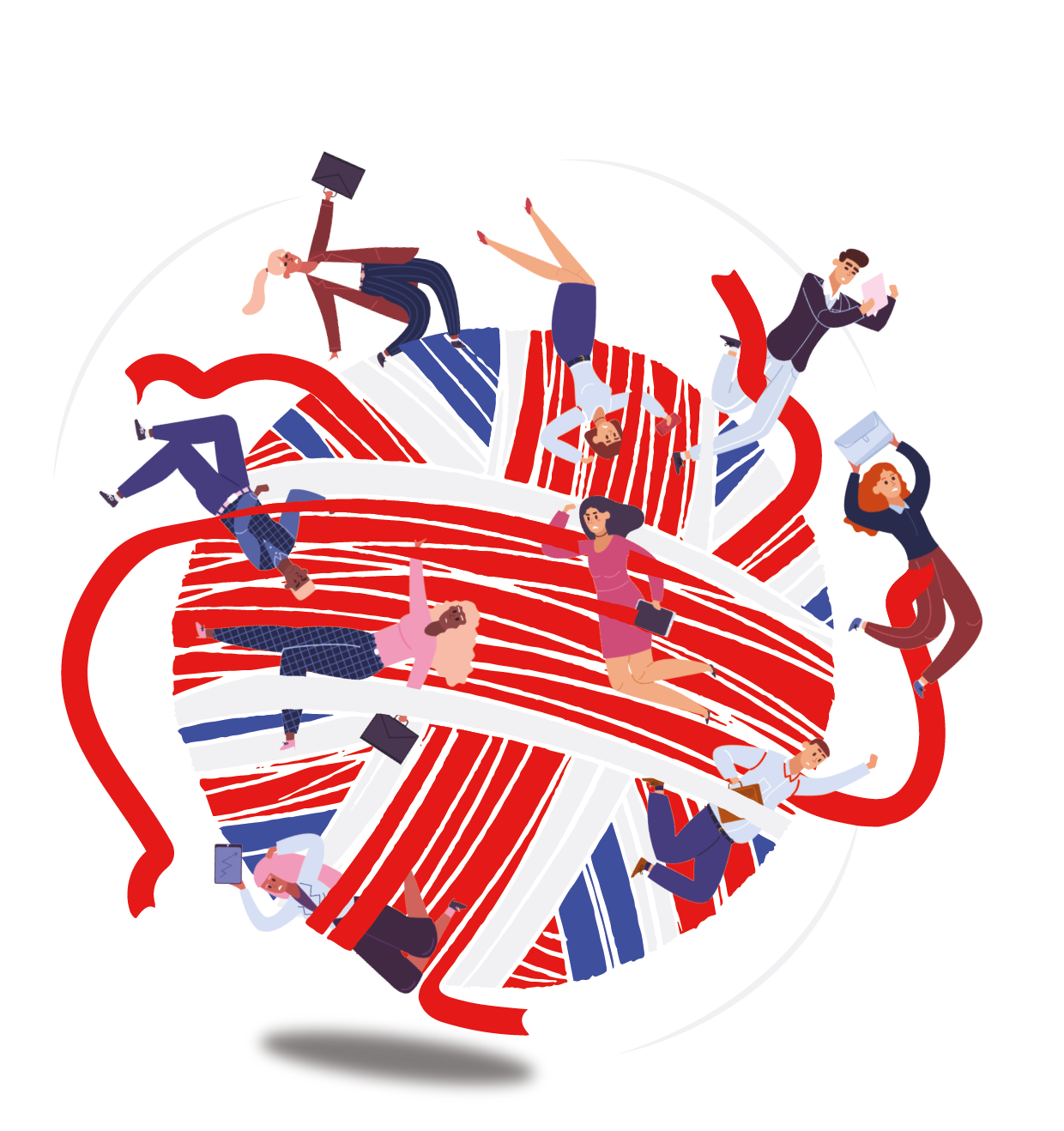 Illustration of diverse business professionals working on laptops and tablets, trapped in a stylized Union Jack flag - the effects of Brexit.