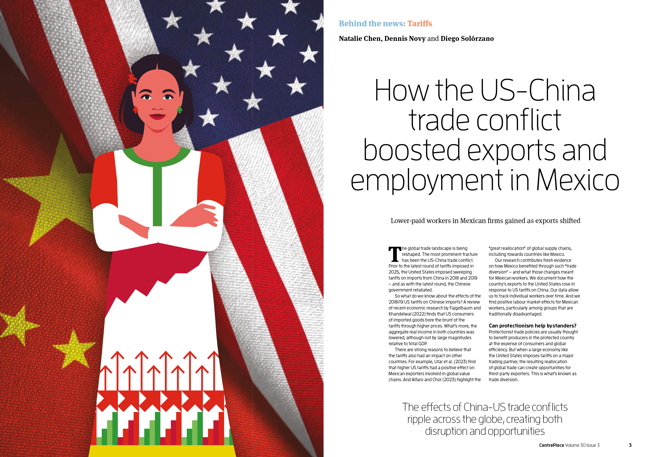 Illustration of a woman with dark hair and earrings, wearing a dress in red, white, and green, with arms crossed, standing in front of a background with an American and Chinese flags.