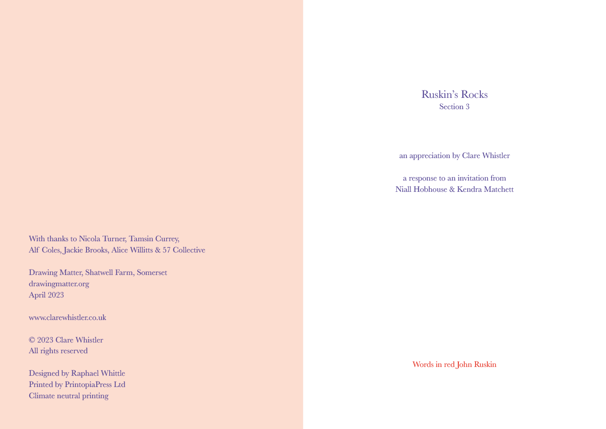 A book opened to a title page, with a two-toned background: peach on the left and white on the right. The right side contains the book's title "Ruskin's Rocks" and section number, along with acknowledgments, contributor names, publisher information, and a note in red text.