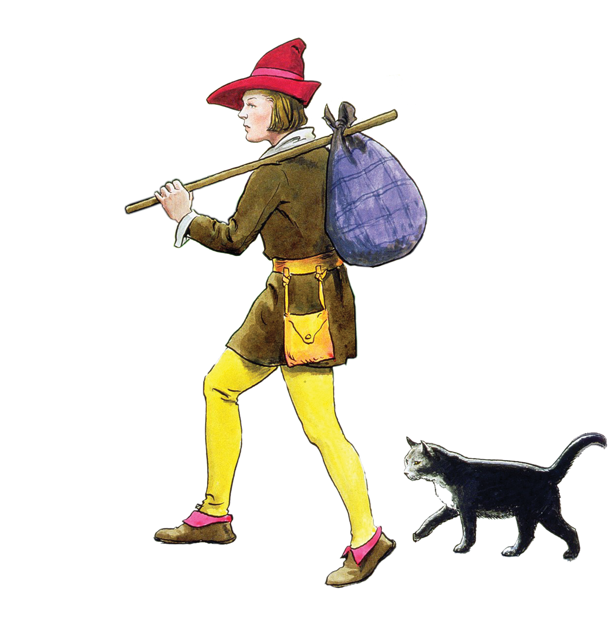 Illustration of a woman dressed as a pilgrim with a red hat, brown dress, yellow leggings, holding a staff and a blue bundle, accompanied by a black cat.