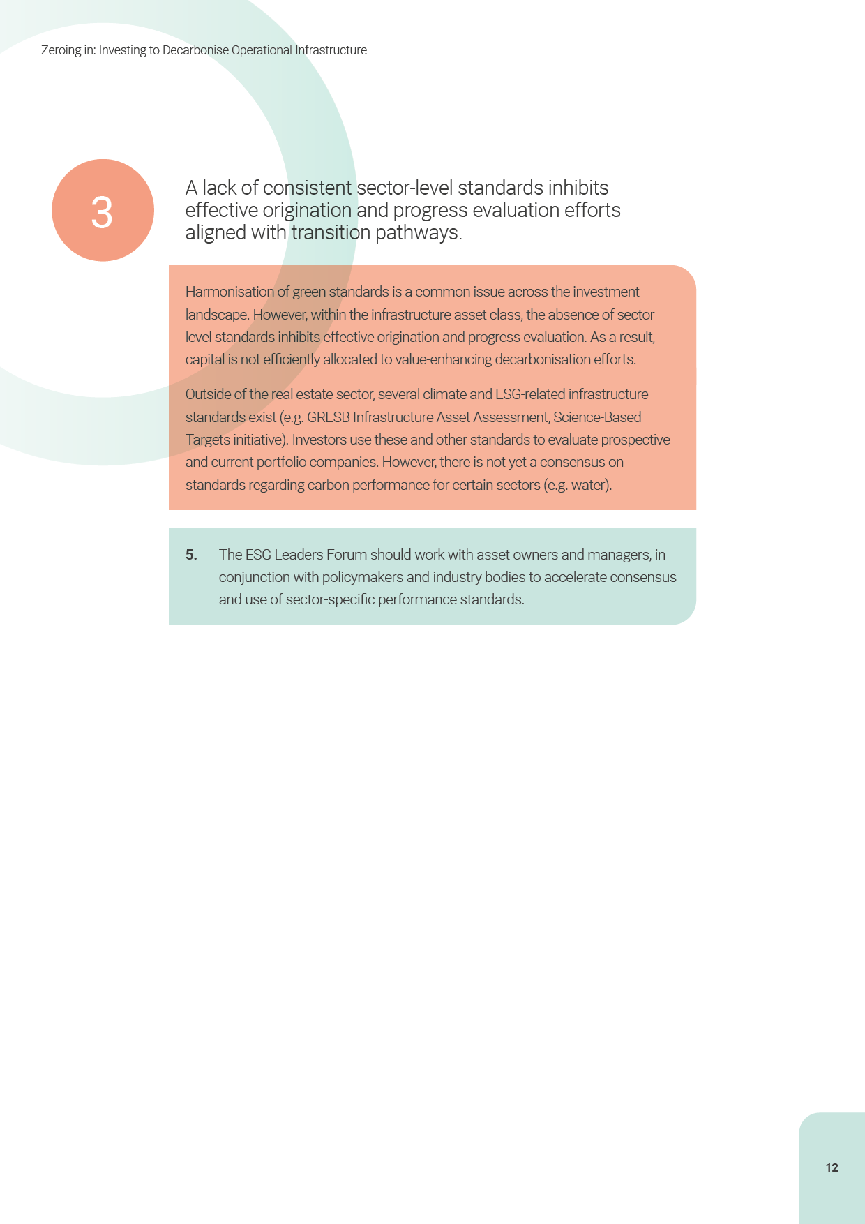 Page from a report titled "Zeroing in: Investing to Decarbonise Operational Infrastructure" with numbered sections, text highlighted in orange and blue, discussing sector standards, investment, and ESG leadership in decarbonisation.
