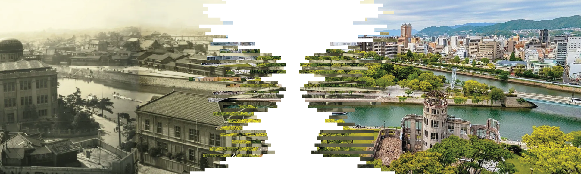 Side-by-side comparison image showing the Hiroshima cityscape with a river. The left side depicts the city in a black and white, vintage or historical style, while the right side shows the city in full color, modern style.