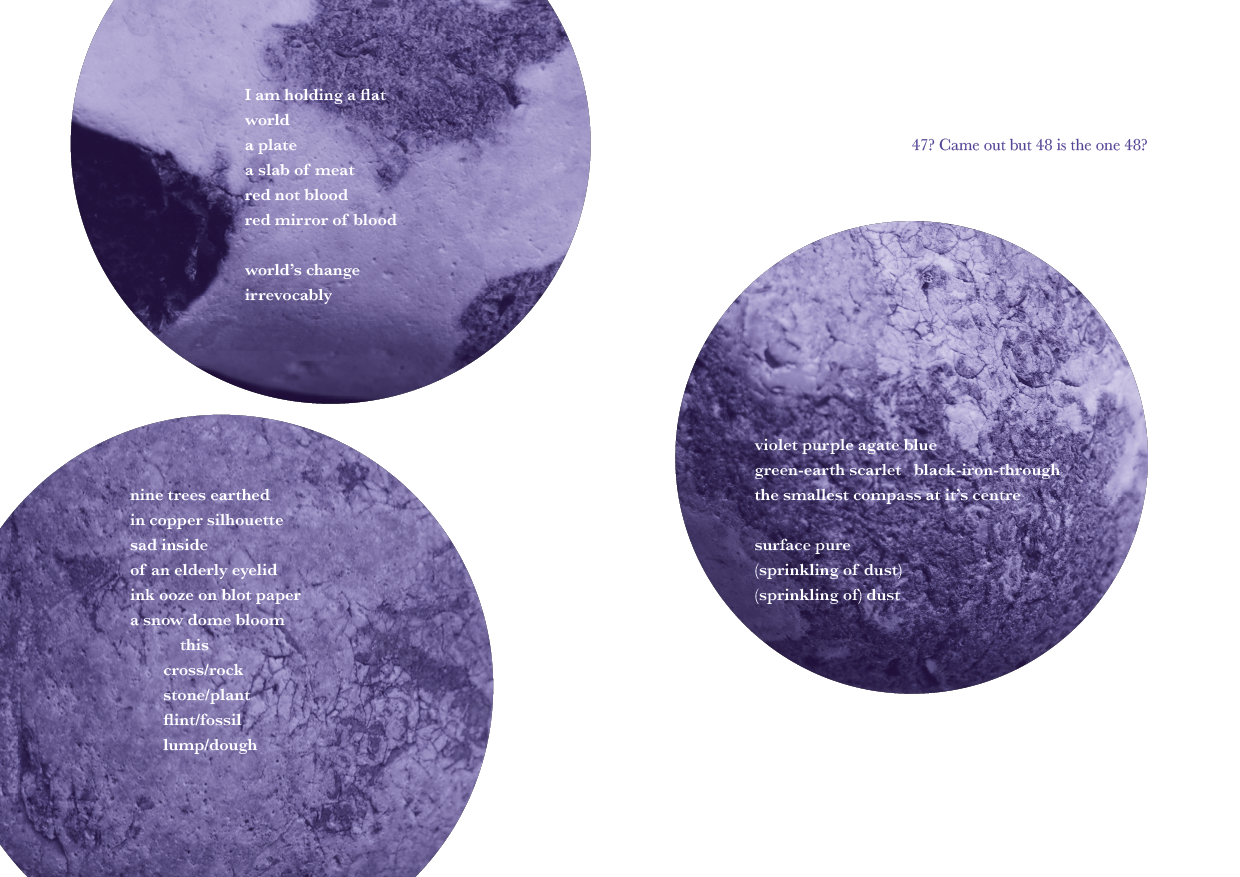 Artwork featuring three purple, textured circular designs with poetic text overlaid. The text describes themes of the moon and celestial imagery, mentioning the moon holding a world, a slab of meat, and a reflect of blood, as well as references to trees, dust, and a compass.
