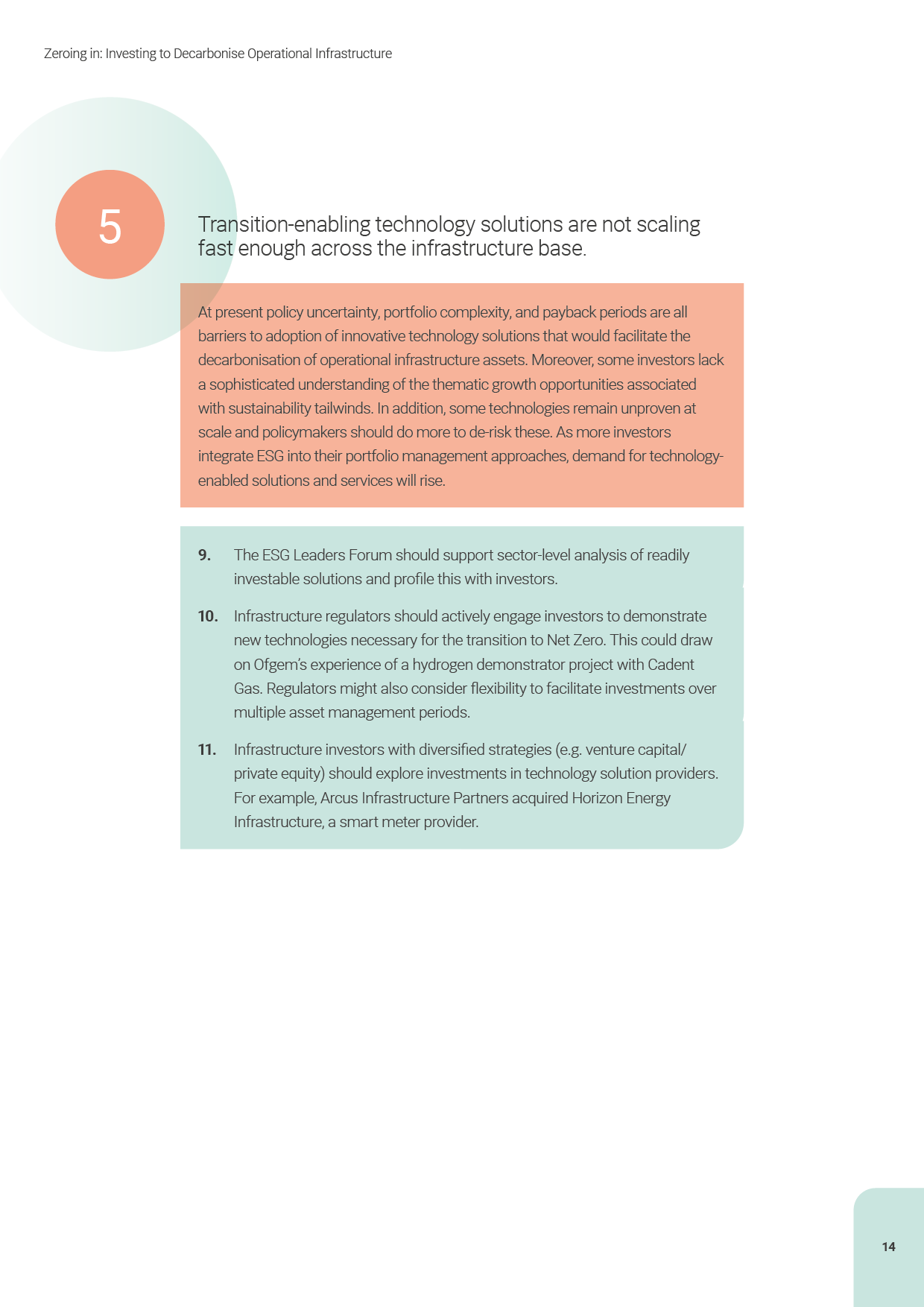 Page from a report titled 'Zeroing in: Investing to Decarbonise Operational Infrastructure,' showing a large number 5 inside a colored circle, followed by text about technology solutions and decarbonization, and a numbered list of recommendations for investors and regulators.