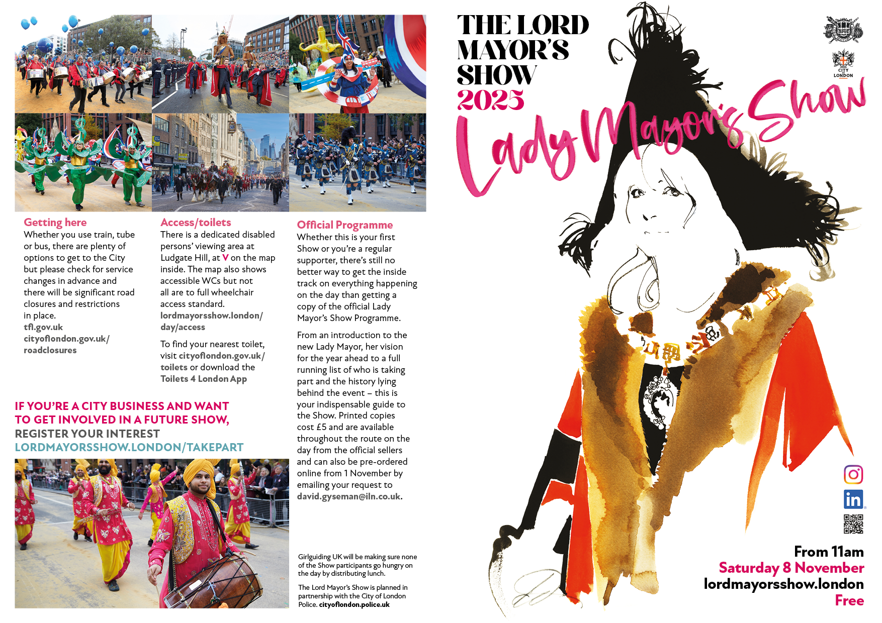 Promotional flyer for Lady Mayor's Show 2025 featuring a large illustration of a female figure with flowing hair, dressed in a red, black, and gold outfit, and images of parade scenes with musicians, dancers, and floats. The flyer includes event details: Saturday, November 8, starting at 11 am in London, with information on access, official program, and how to get involved.