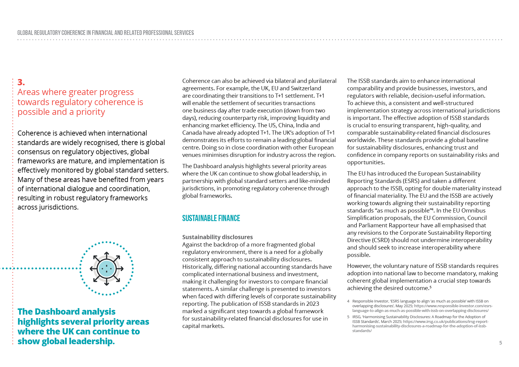 Page from a report discussing global regulatory coherence in financial services and sustainable finance, including a diagram of a globe with arrows, section headings, and multiple paragraphs of text.