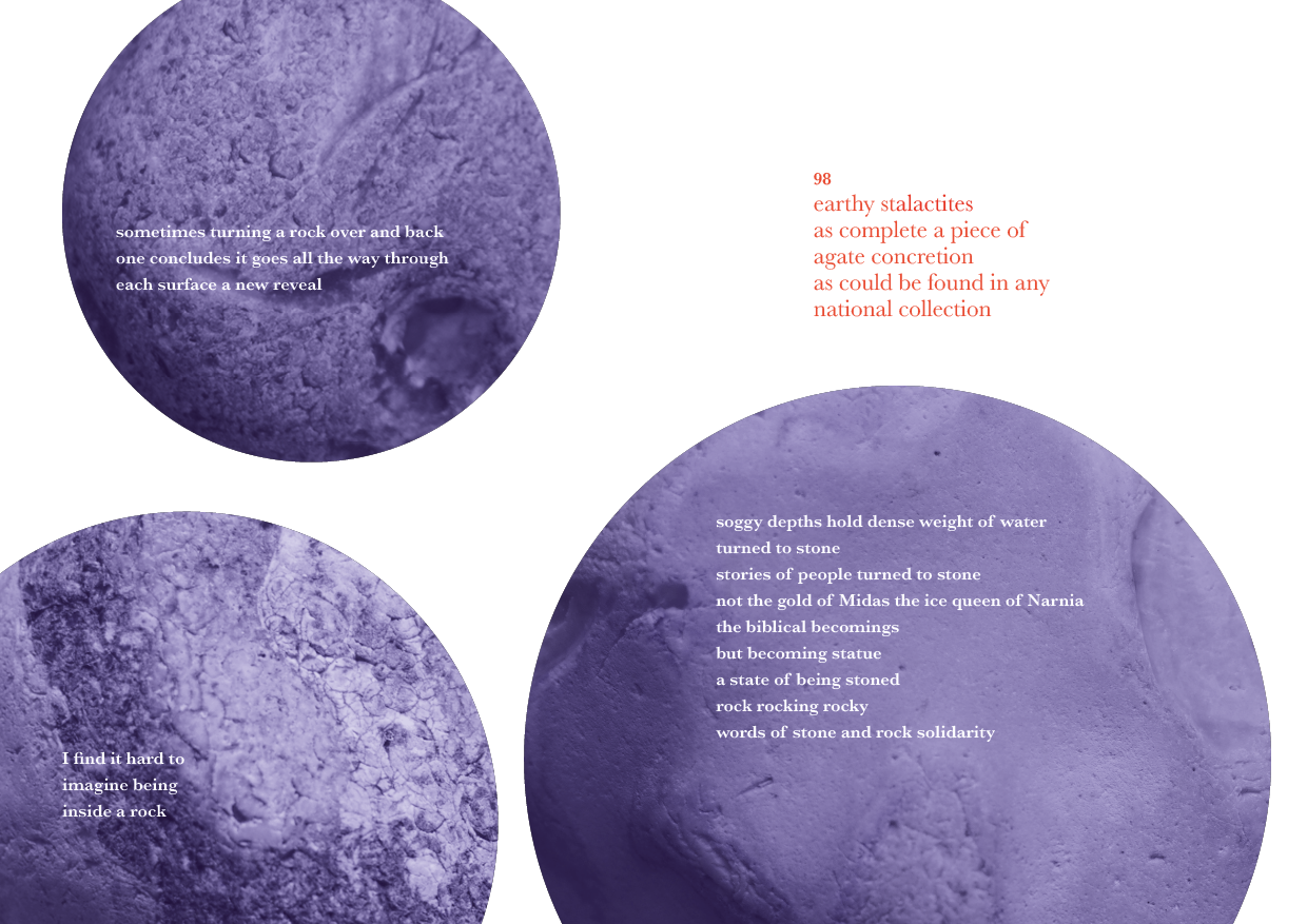 An abstract digital collage featuring three purple-toned close-up images of rocks or stone surfaces, each overlaid with poetic text about rocks and stones, arranged in a triangular layout on a white background.