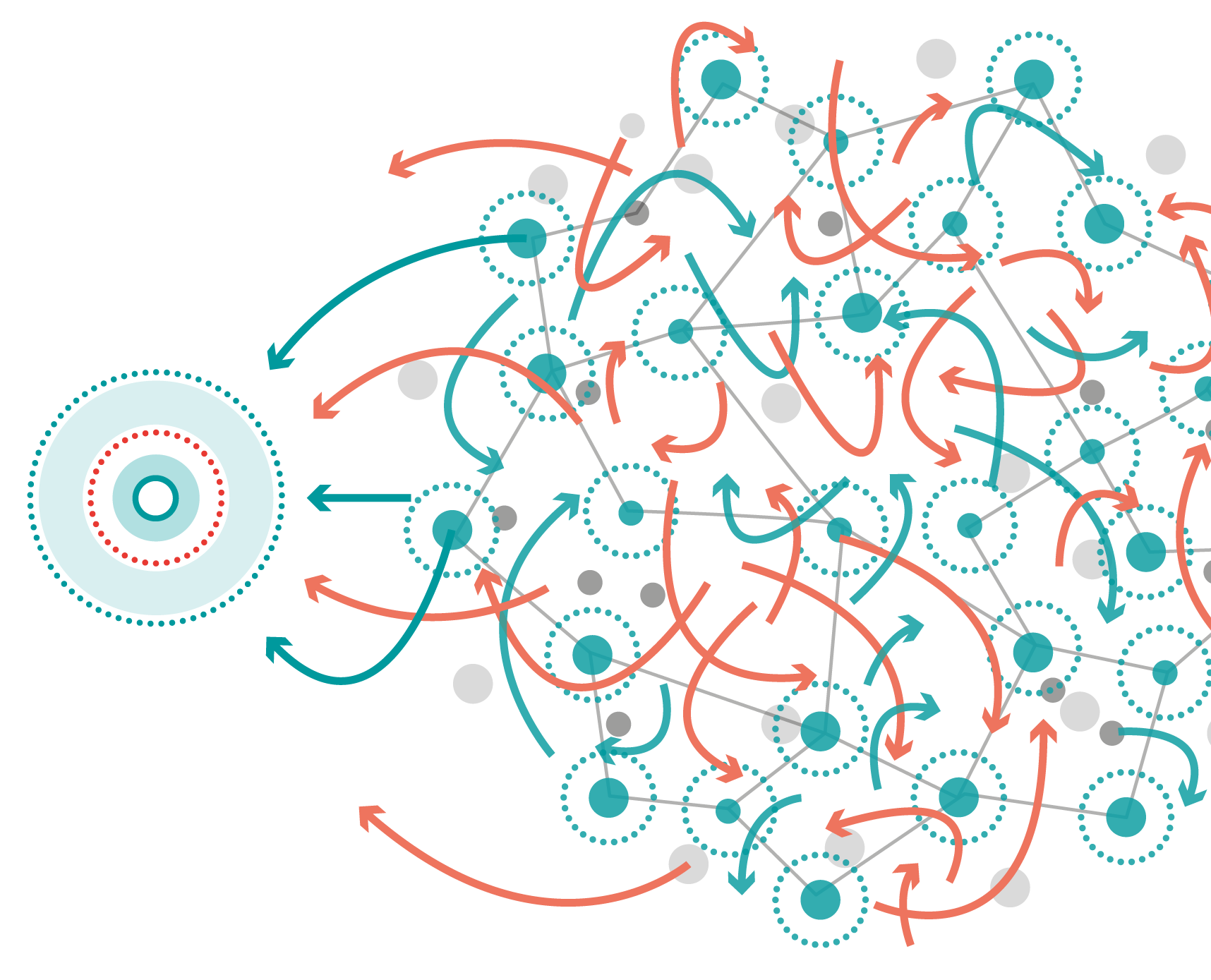 A diagram illustrating complex interconnected neural networks with nodes, arrows, and circles in red and blue on a black background.
