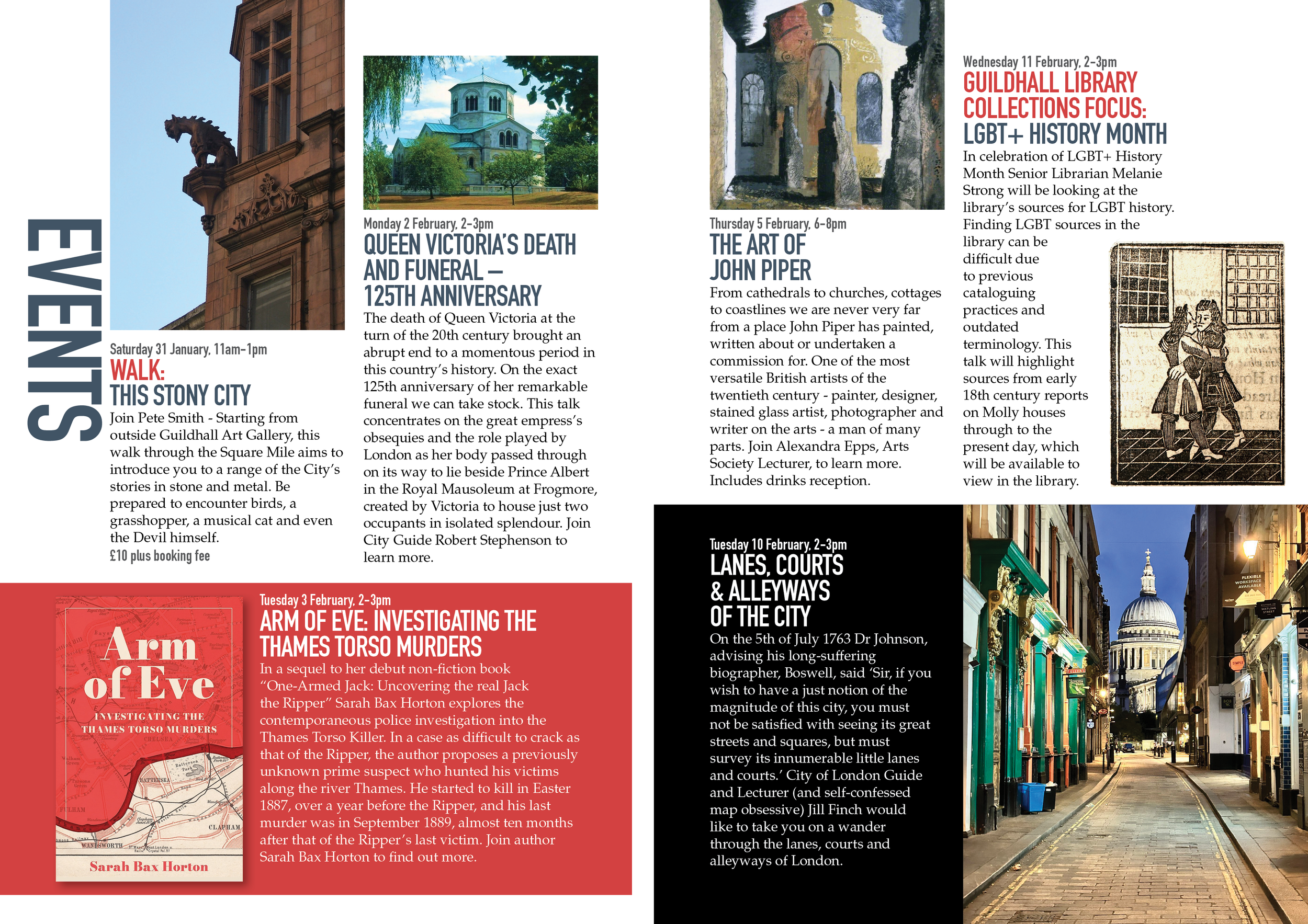 Event flyer with multiple sections about different events at Guildhall Library, including a walk tour, a talk about Queen Victoria's funeral, an art exhibit about John Piper, a history focus on LGBT+ month, and a tour of London's lanes and alleyways. Contains images of a historic building, a church, artworks, and a city street.