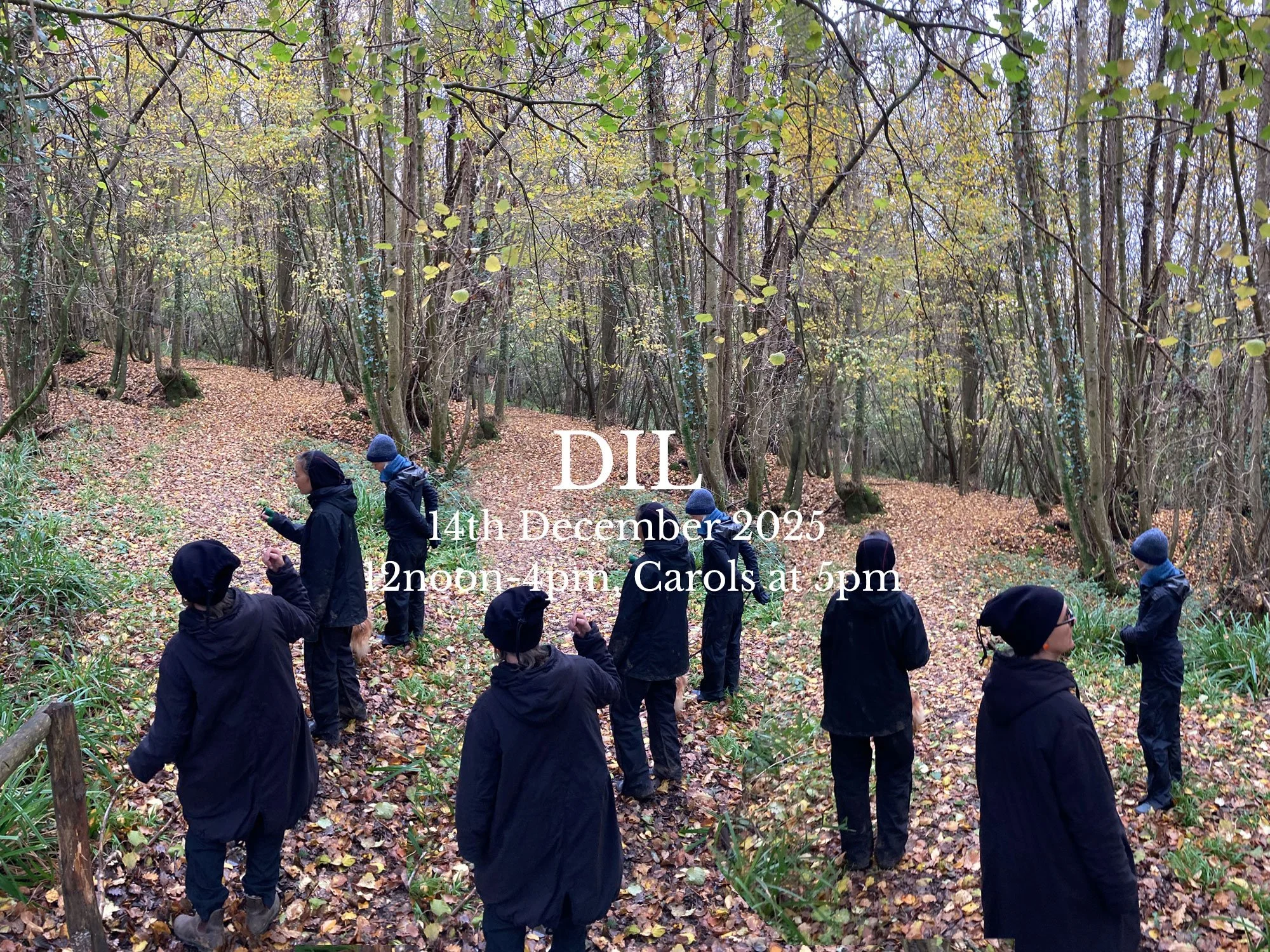 Several peop dressed in black jackets and hats walking through a leaf-covered forest during daytime, with some children looking at their phones. Text overlays provide details about an event on December 14, 2025, from 2 pm to 4 pm with carols at 5 pm.