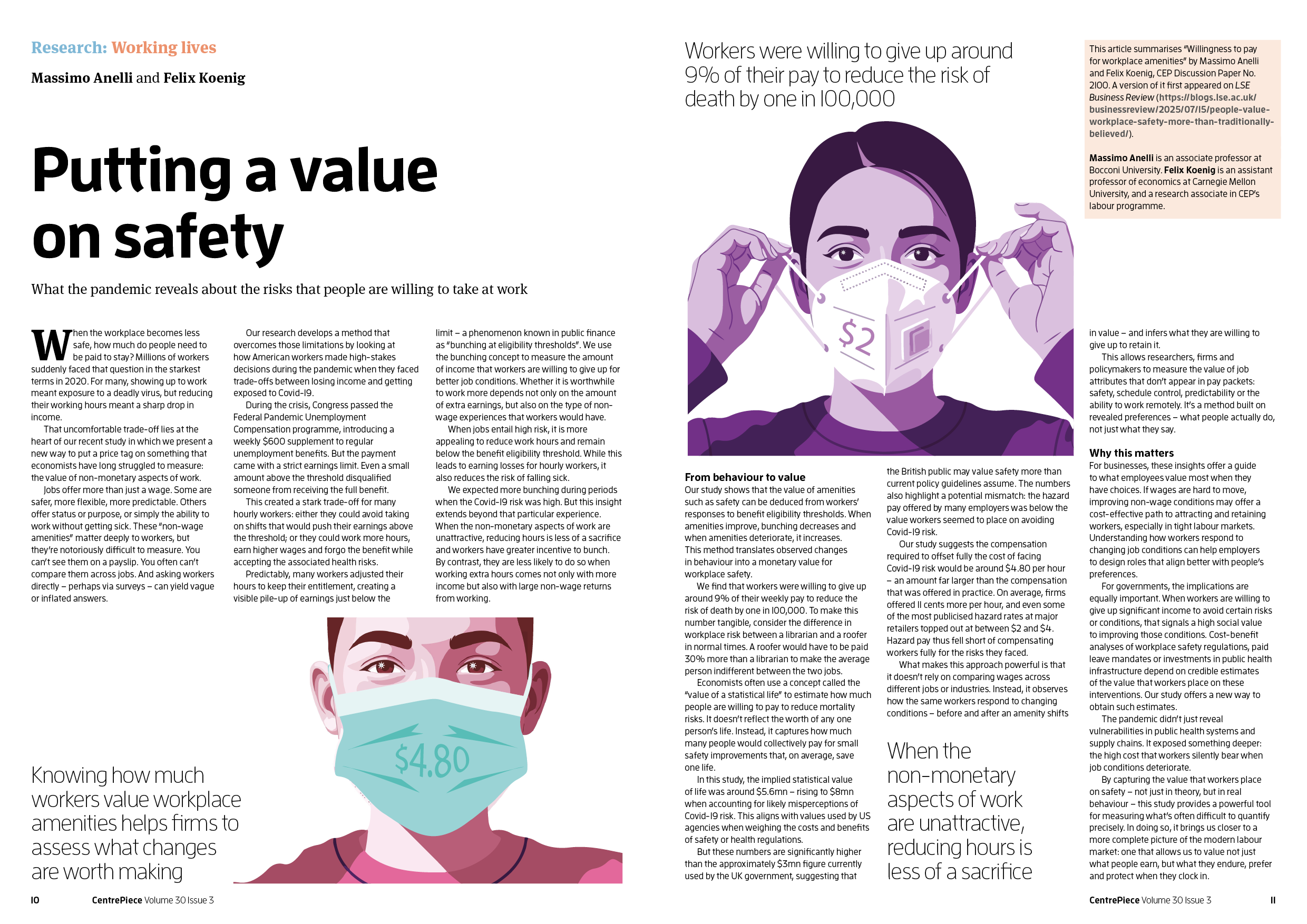 Illustration of a woman wearing a purple shirt and a face mask measuring the mask's value with a tag showing $2. The text emphasizes the importance of workers' workplace safety and the value of safety measures.