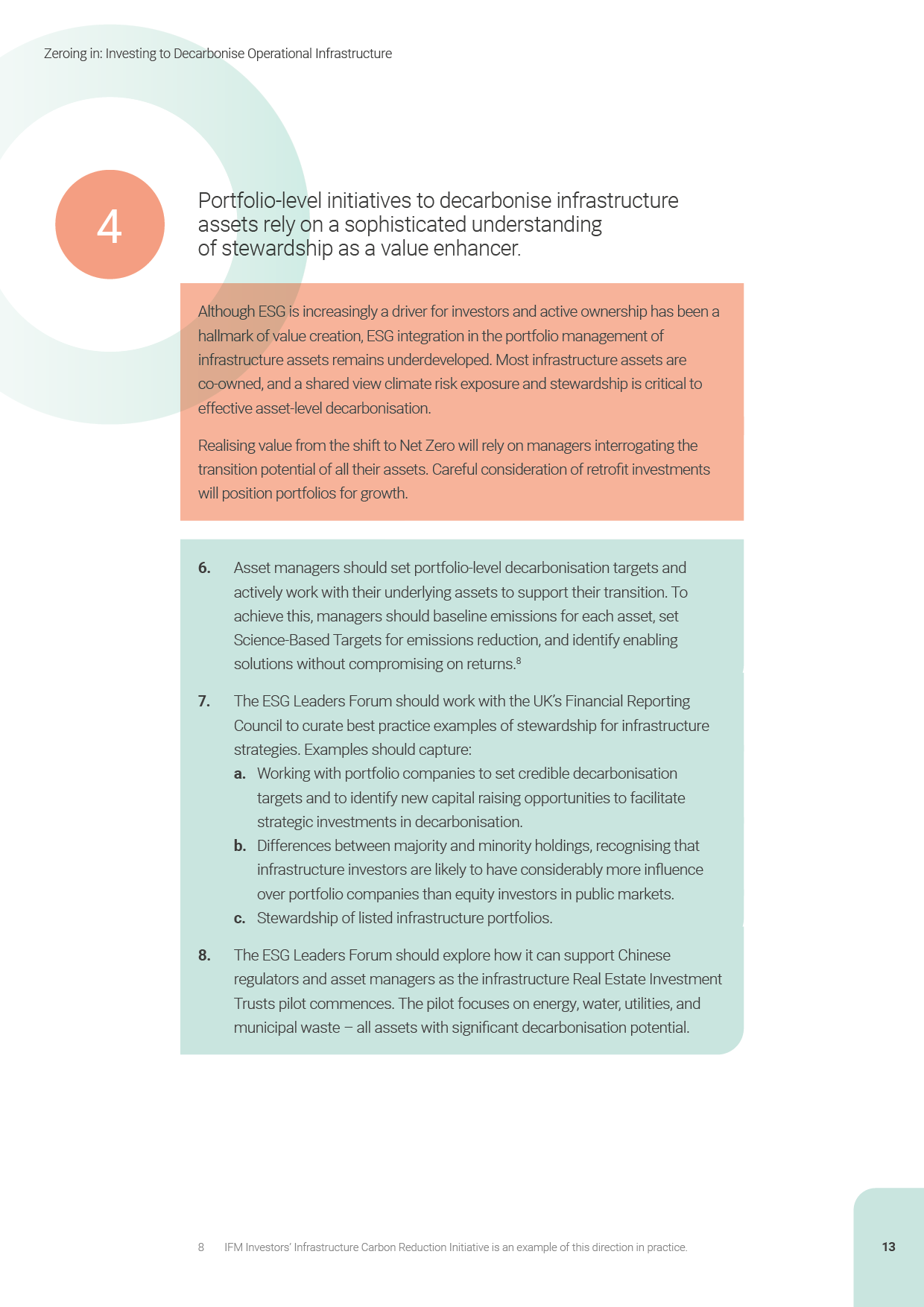 Page from a report titled 'Zeroing in: Investing to Decarbonise Operational Infrastructure' with numbered sections discussing strategies for decarbonising infrastructure assets, including portfolio initiatives, asset management, and collaboration with regulatory bodies.