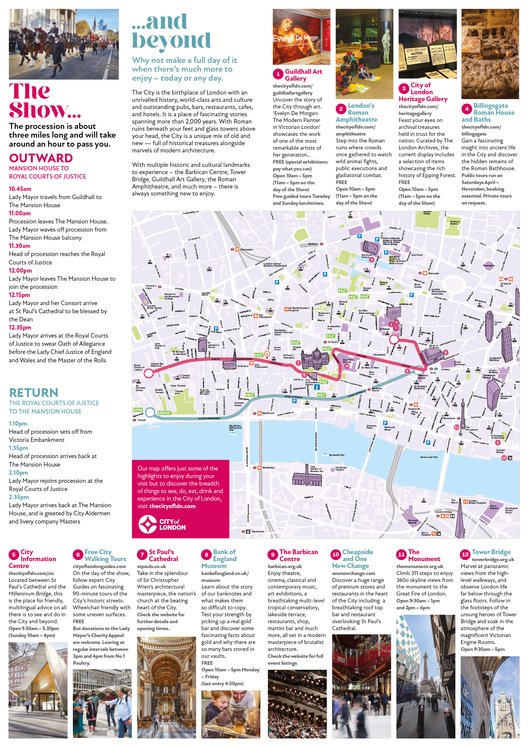 A detailed map and schedule of a ceremonial procession through central London, featuring landmarks like the Royal Courts of Justice, St. Paul's Cathedral, and the Tower Bridge. The map includes event timelines, location markers, and descriptions of the route and attractions.
