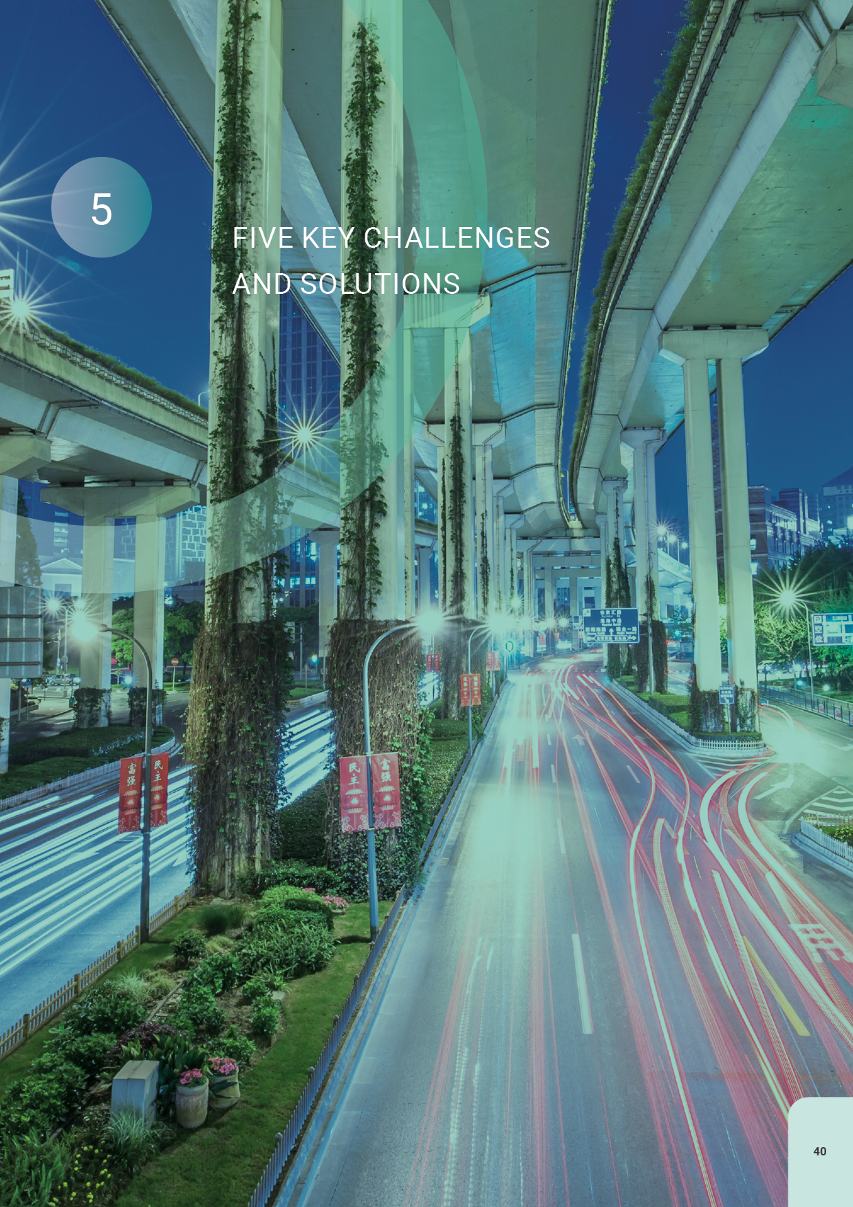 Nighttime cityscape with elevated highway, light trails from moving vehicles, streetlights, and urban buildings in the background.
