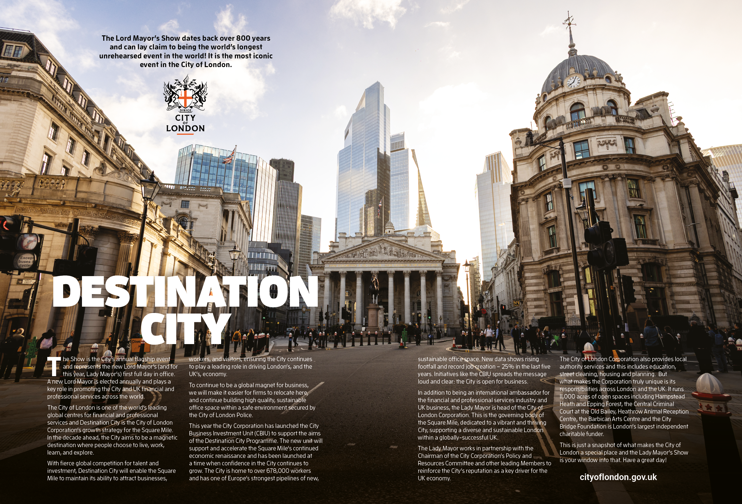 A cityscape of London featuring historic and modern buildings, including a prominent classical building with columns in the center, a domed structure on the right, and tall skyscrapers in the background, with text overlay promoting London and its events.