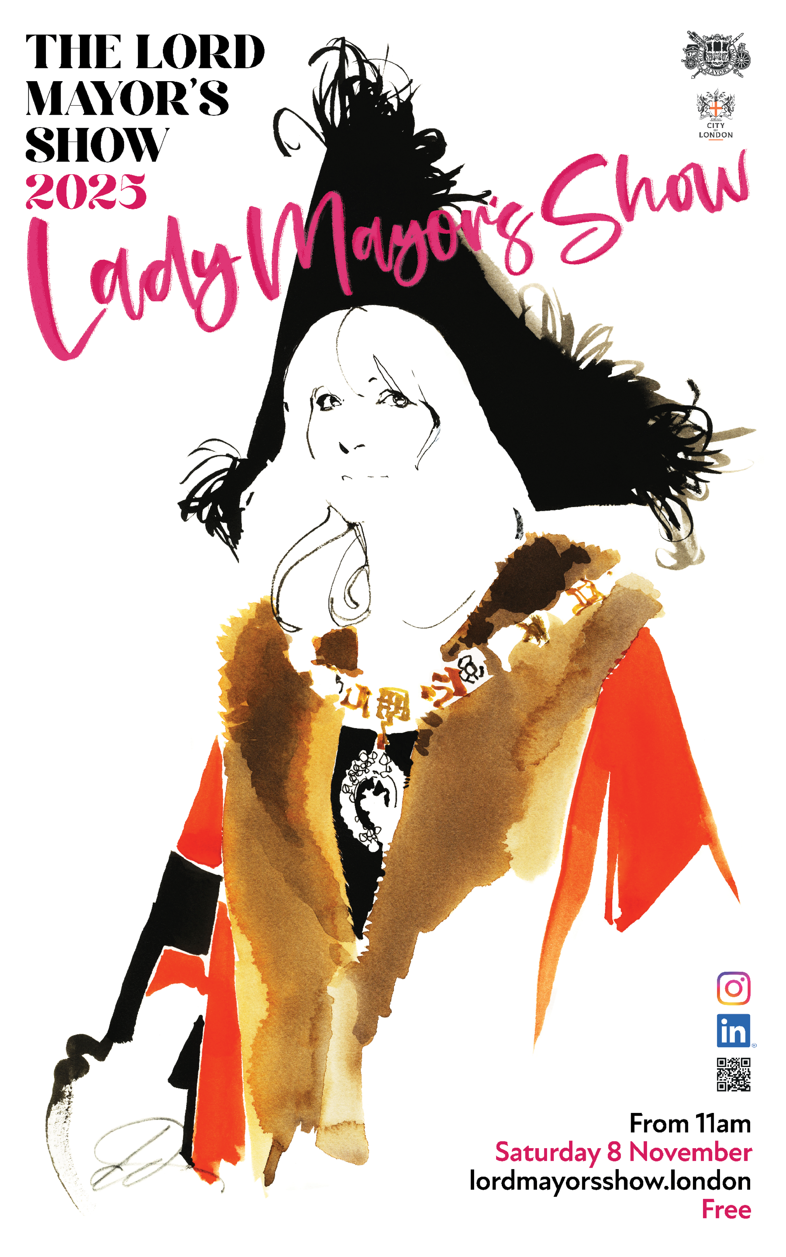 Poster for the Lady Mayor's Show 2025 featuring a stylized illustration of the Lady Mayor with a large black hat and fur coat, event details including date, time, location, and social media icons.
