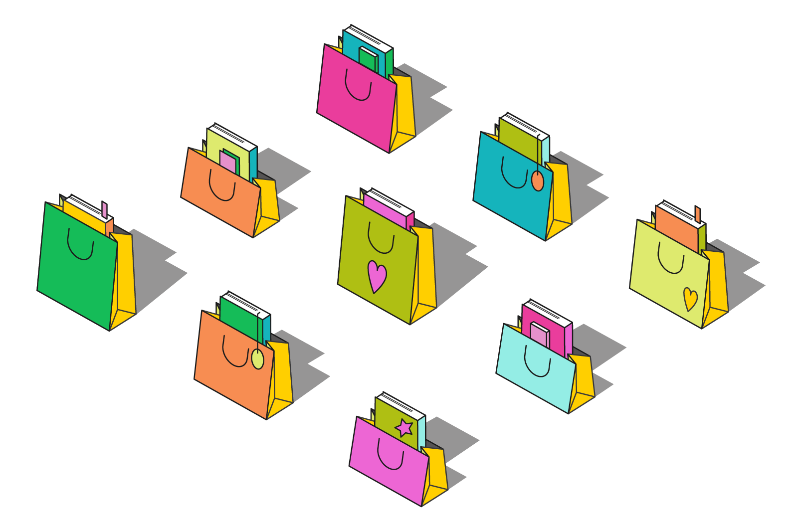 Colorful shopping bags arranged in a pattern with pink, green, yellow, orange, blue, and purple bags, each with a letter or symbol on the front.