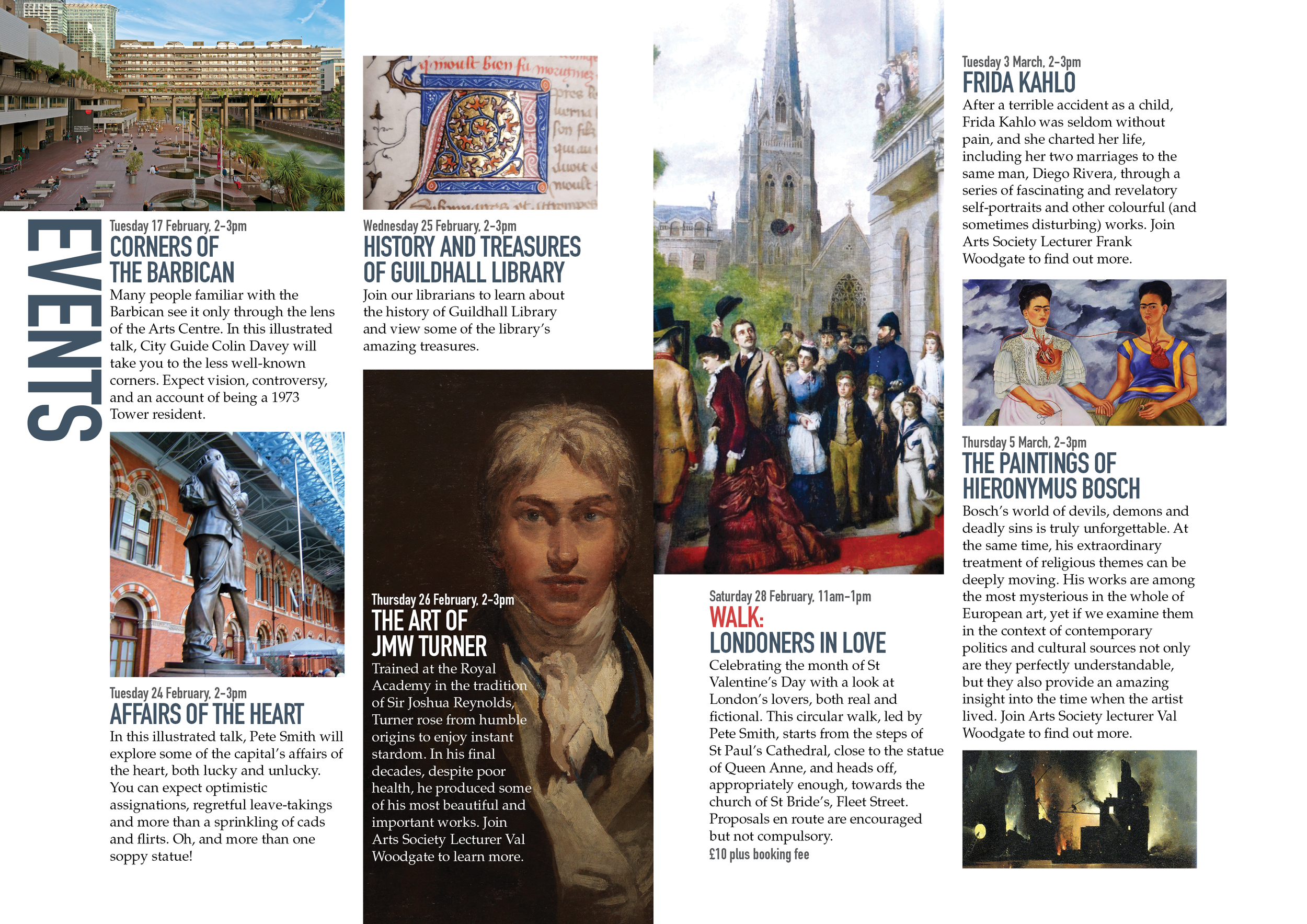 A detailed arts center event poster with multiple scheduled talks and activities, including images of buildings, paintings, and sculptures.