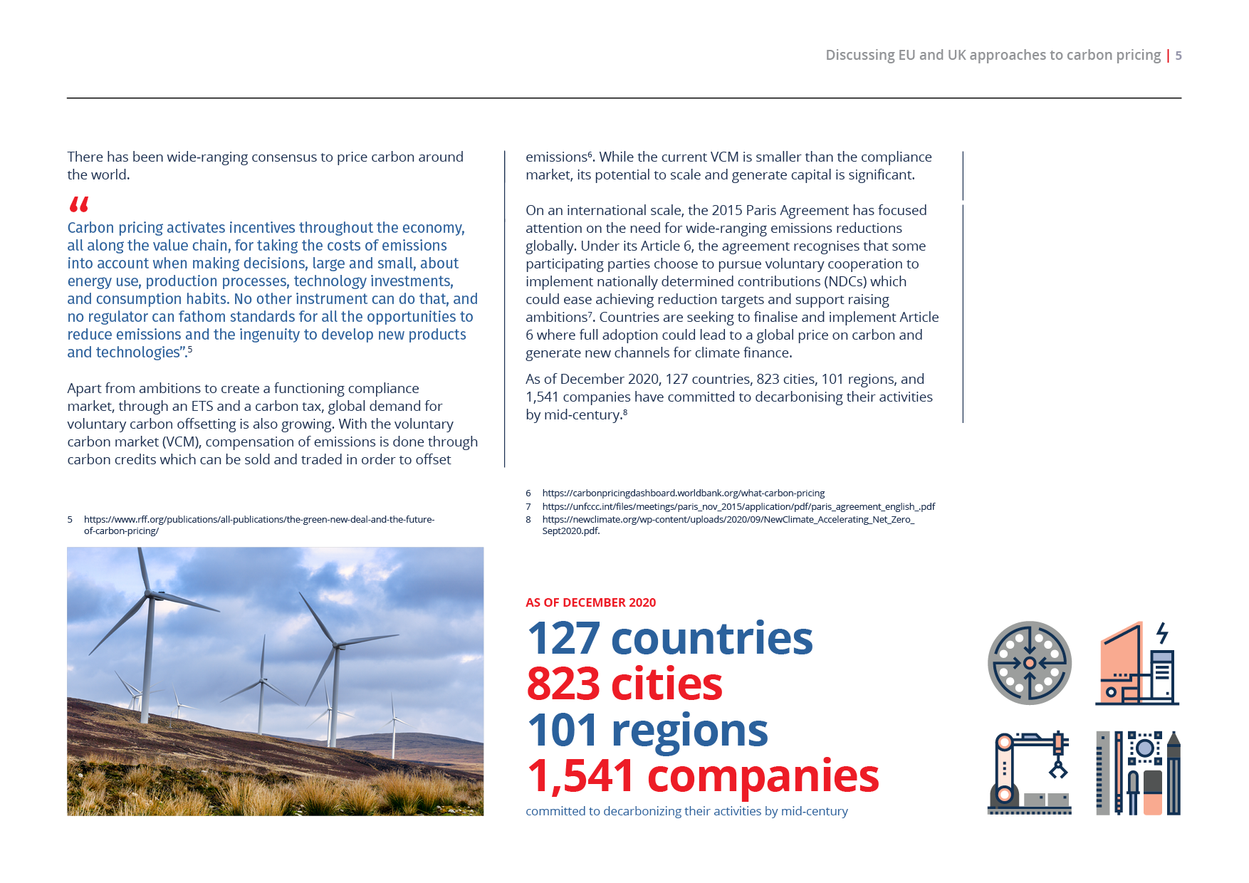 A PDF page discussing EU and UK approaches to carbon pricing, featuring a wind farm image and statistics of countries, cities, regions, and companies committed to decarbonization as of December 2020.