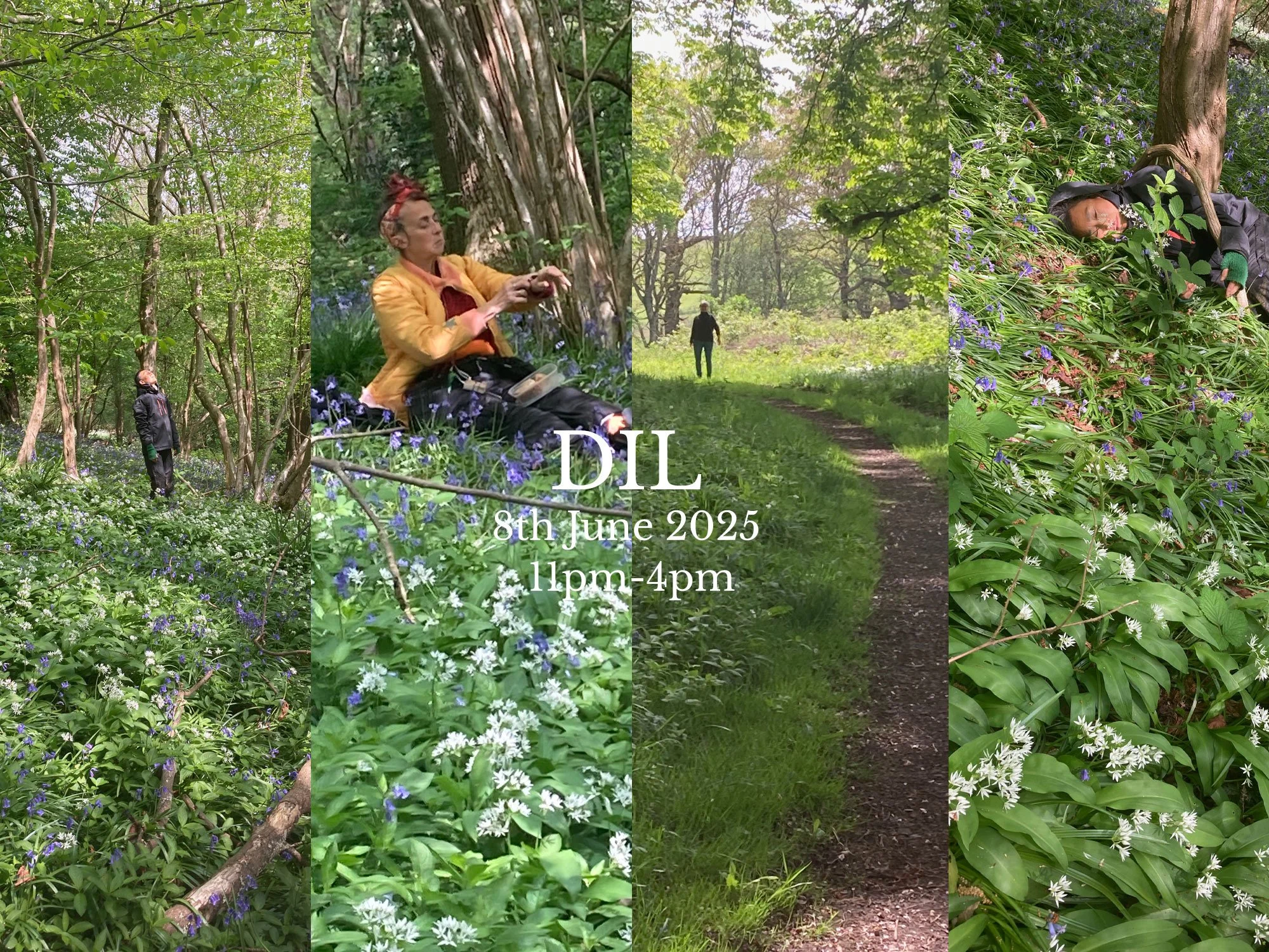 A collage of four photos taken in a green forest with blooming flowers. The photos include people walking and relaxing in nature, with one person lying among the flowers. Overlaid text reads, "DIL, 8th June 2025, 11pm-4pm."