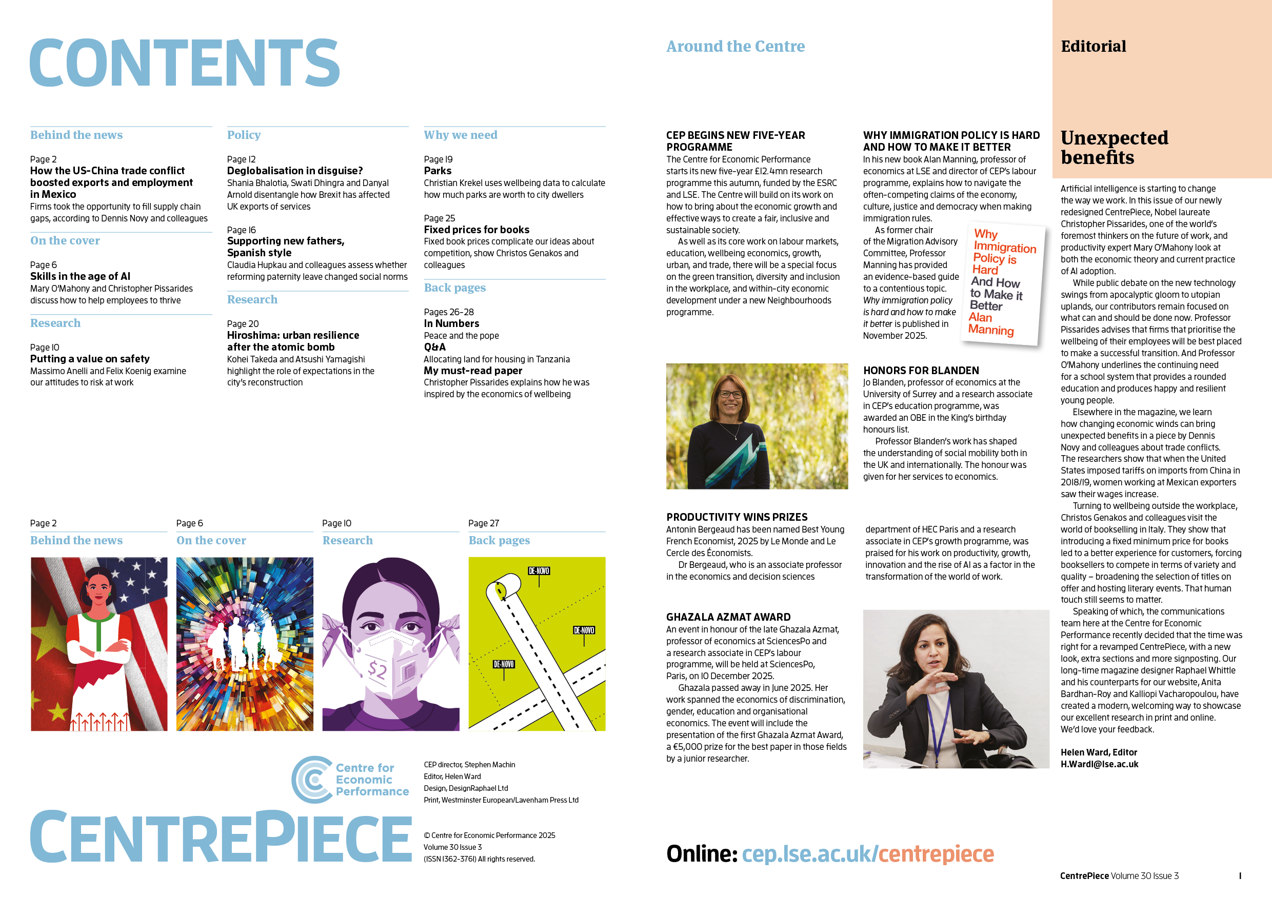 A magazine spread with contents pages, images, and articles. The left side features a table of contents with section titles and page numbers, including "Behind the news," "Skills in the age of AI," and "Research." Three images at the bottom show diverse visuals, including a woman in front of a flag, a vibrant abstract pattern, and a stylized purple illustration of a person with a face mask. The right side contains articles with headlines like "Unexpected benefits," "HONORS FOR BLANDEN," and "Research," along with a photo of a smiling woman with glasses and a dark blazer, standing outdoors with greenery.