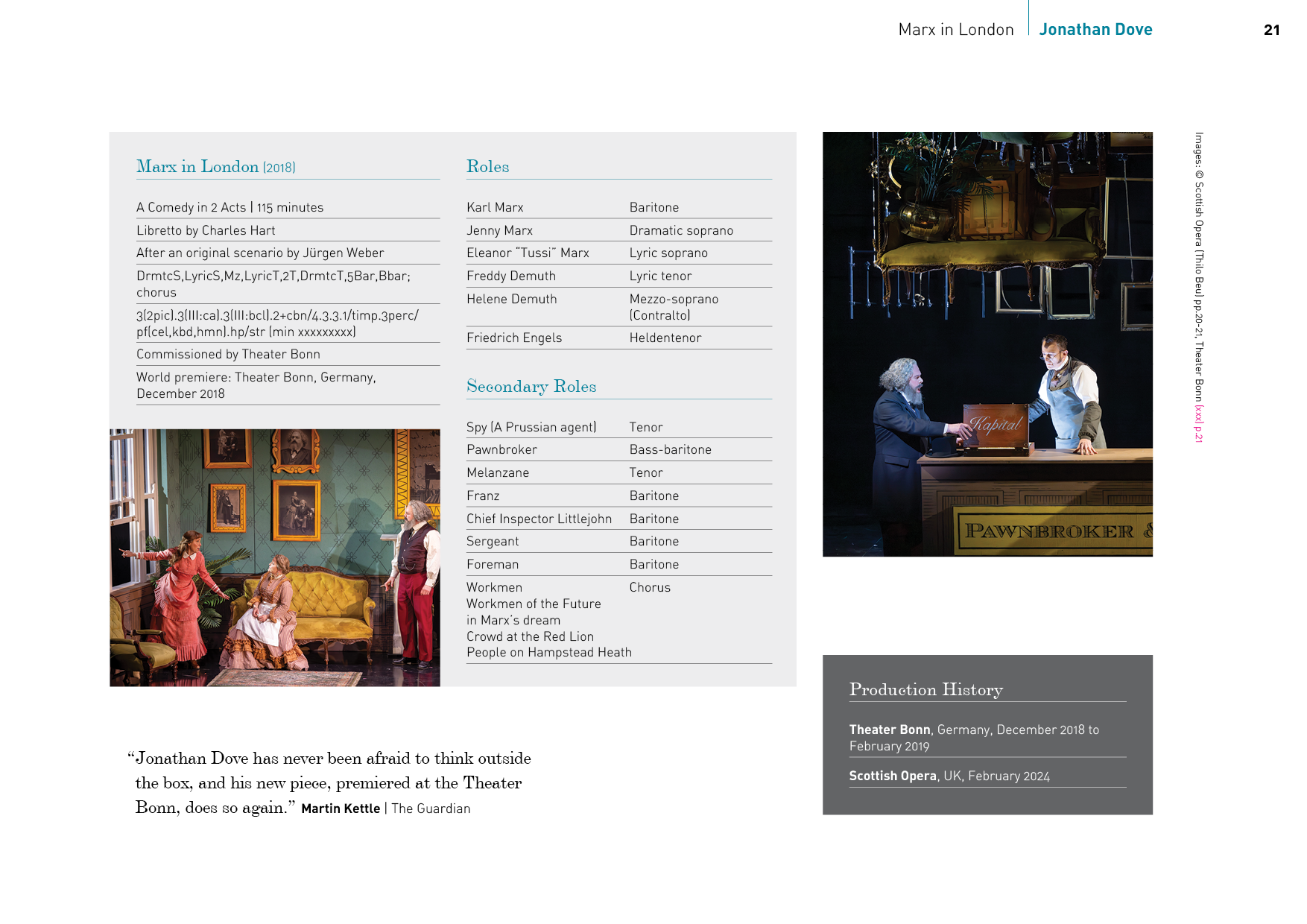 Scenes from a stage play of 'Marx in London'. The left image shows three actors in period costumes performing in a room with teal wallpaper and framed photographs. The right image depicts two actors at a bar, one handing a box to the other, with a sign reading 'Pawnbroker'.