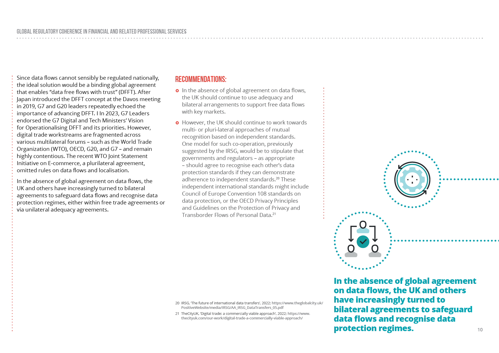 Page from a report titled 'Global Regulatory Coherence in Financial and Related Professional Services', featuring text discussing data flows, diplomatic agreements, and digital trade. The page has two icons: one representing data flow with dotted lines and arrows, and the other representing data protection with person icons connected by dotted lines. The quote in blue highlights the importance of bilateral agreements to safeguard data and recognize data protection standards.